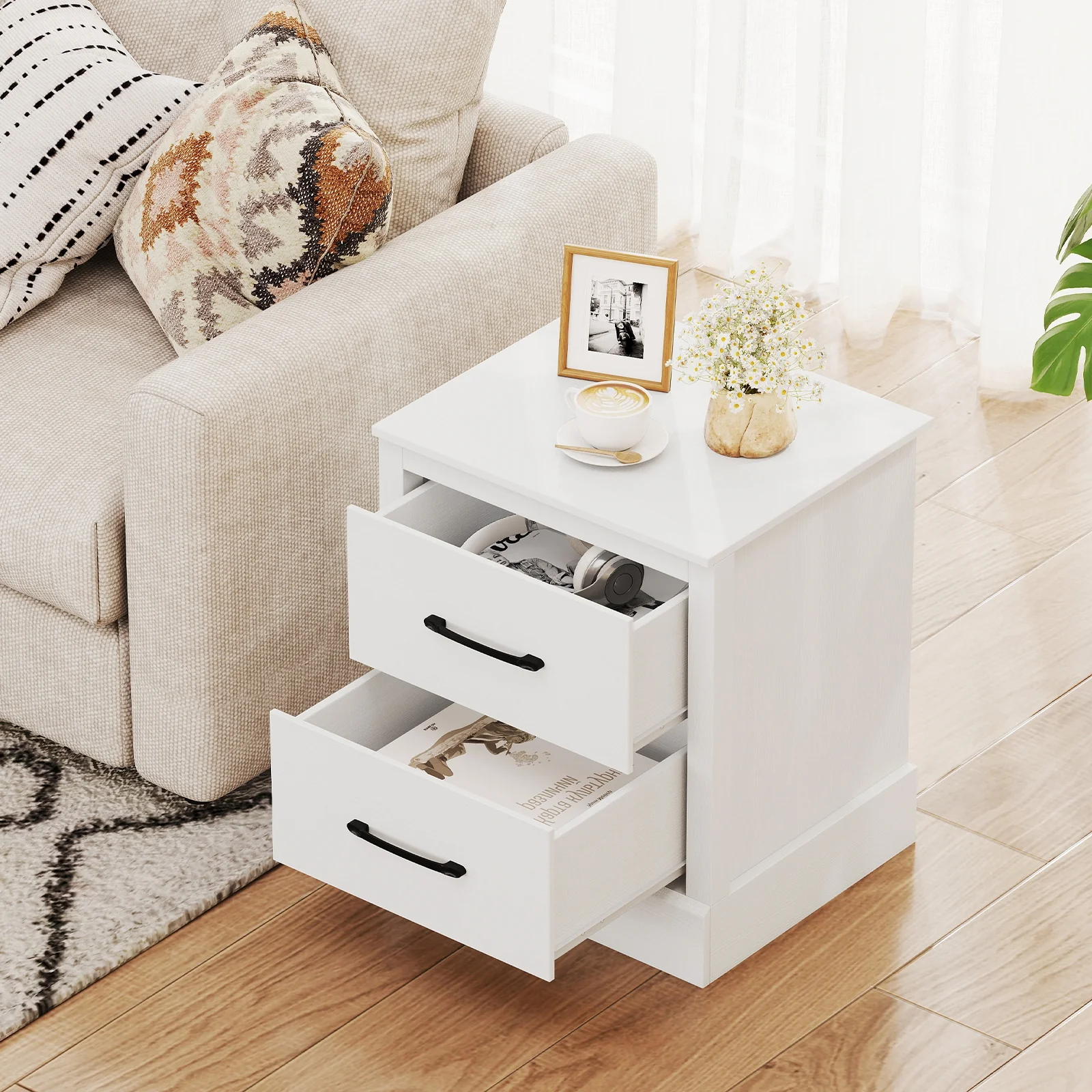 Wood Compact Floor Nightstand With Storage Drawers, White - Image 3