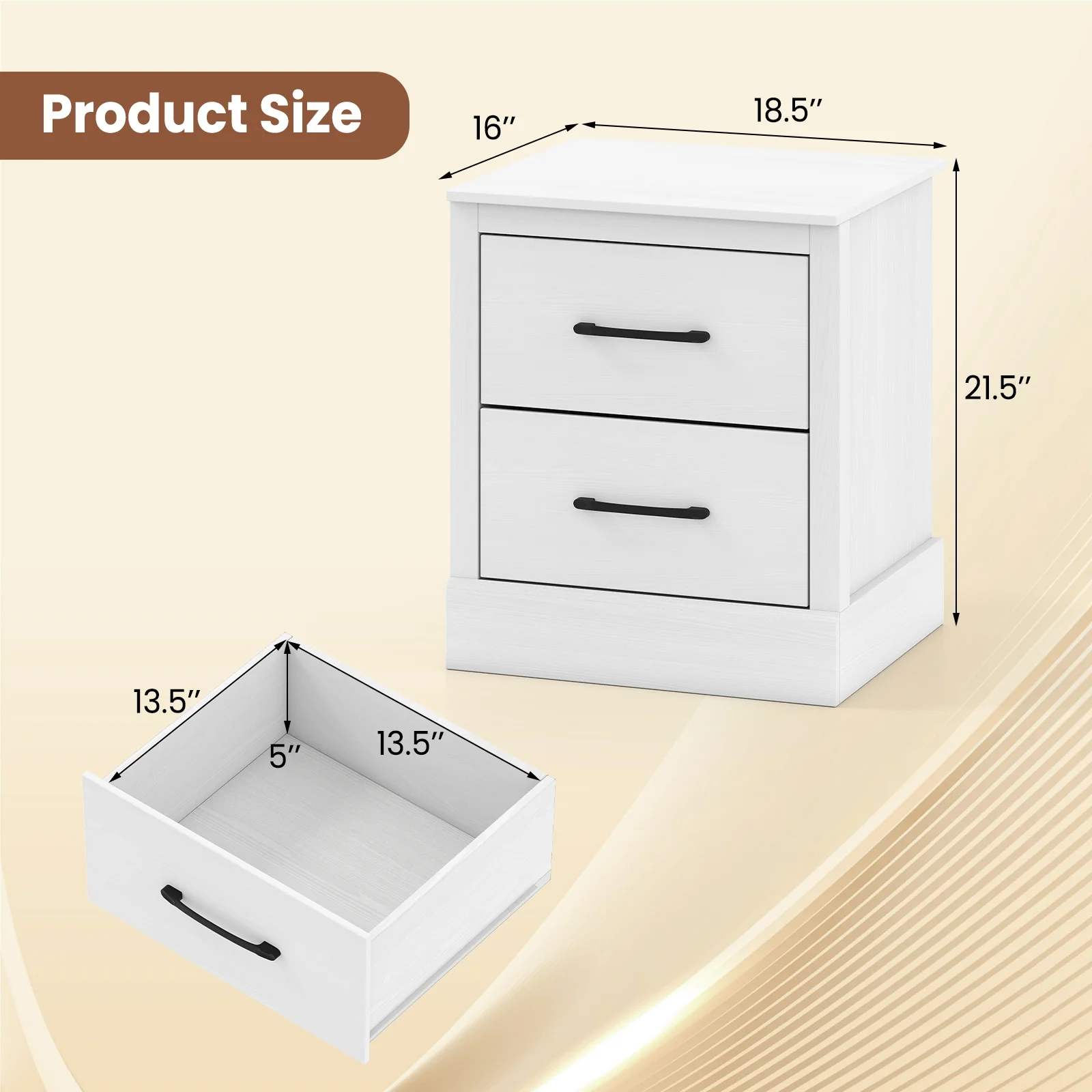 Wood Compact Floor Nightstand With Storage Drawers, White - Image 5