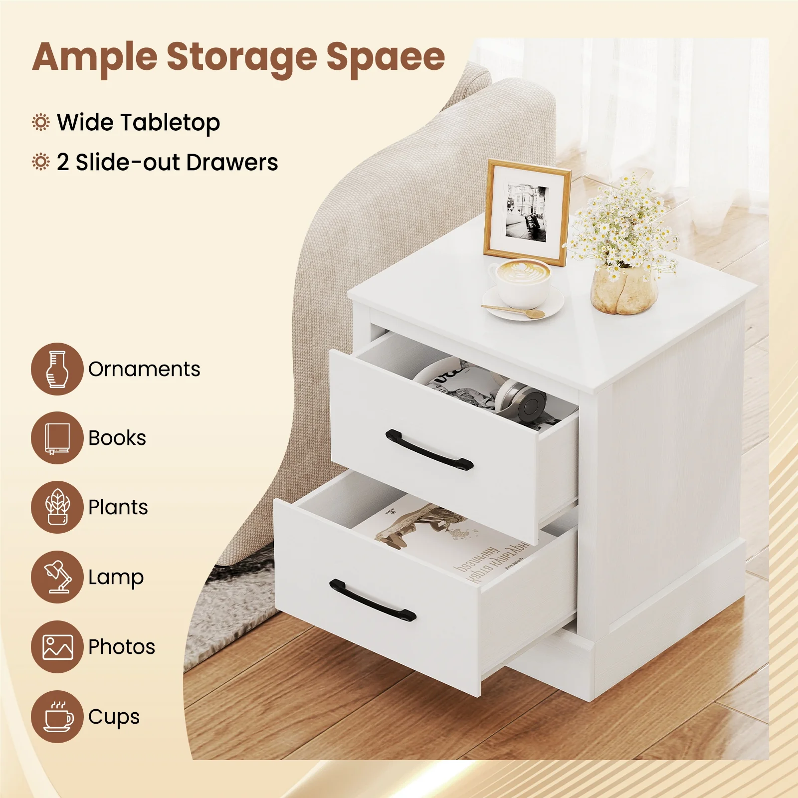 Wood Compact Floor Nightstand With Storage Drawers, White - Image 6
