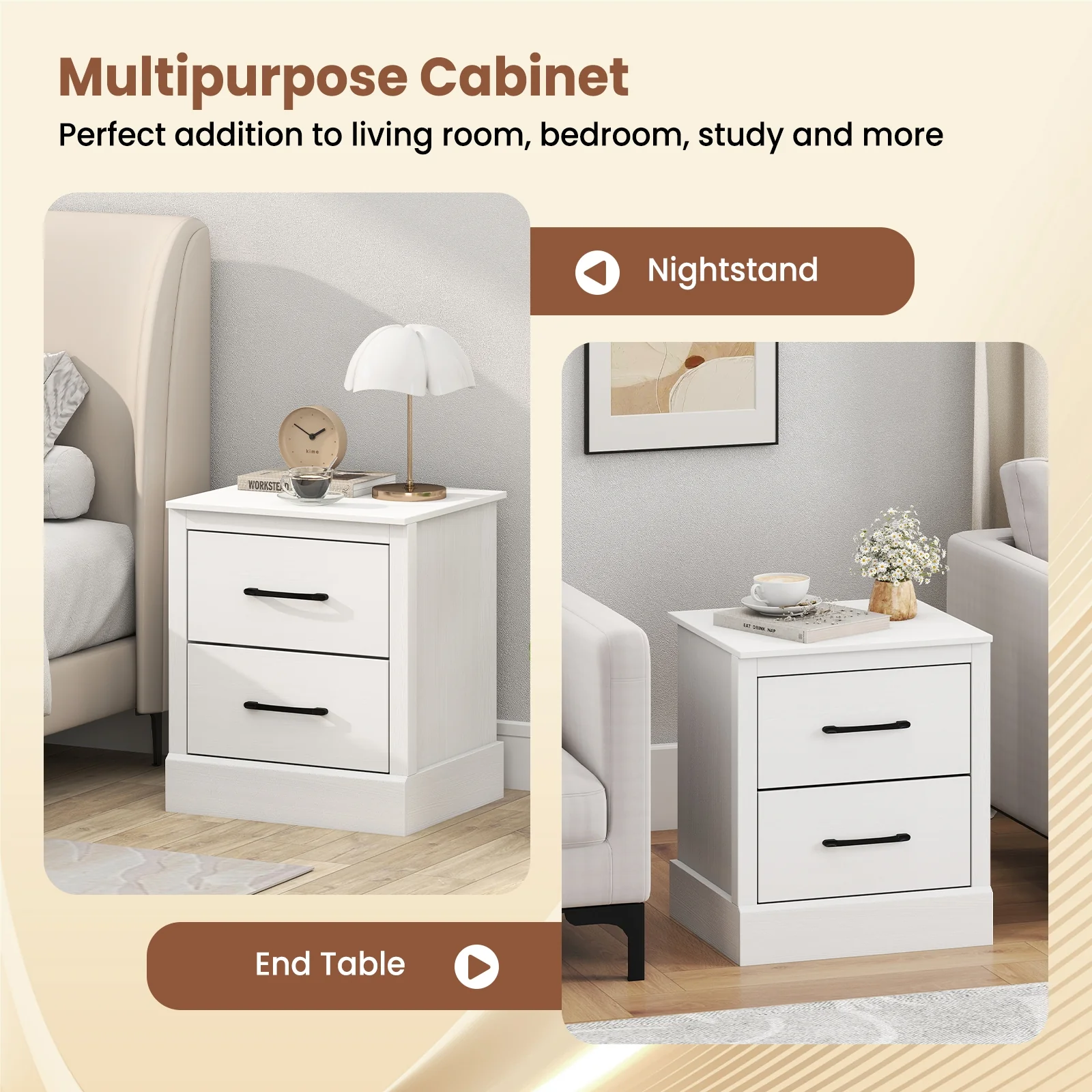Wood Compact Floor Nightstand With Storage Drawers, White - Image 7