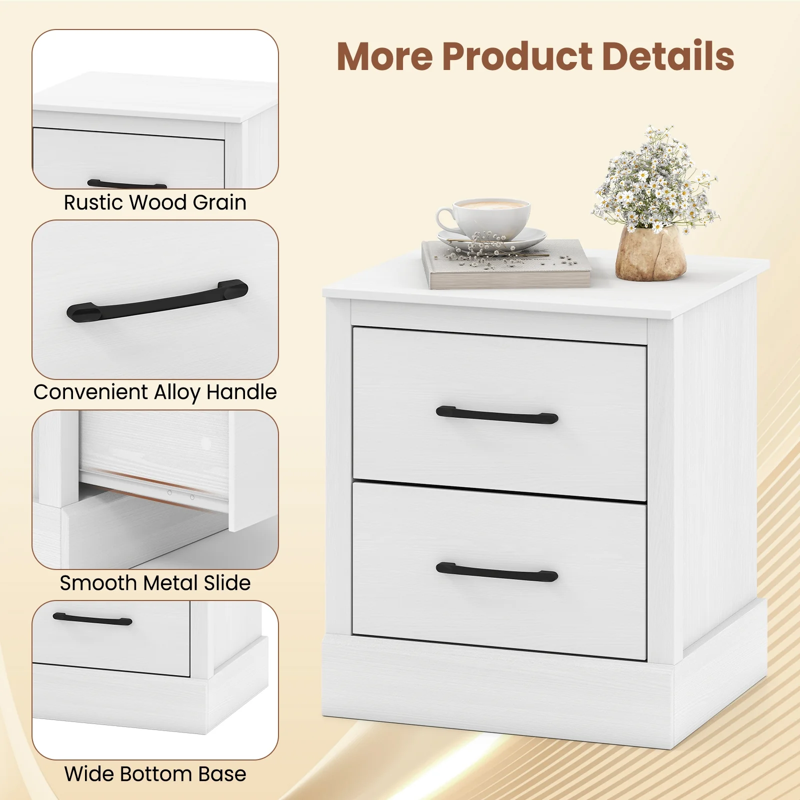 Wood Compact Floor Nightstand With Storage Drawers, White - Image 8