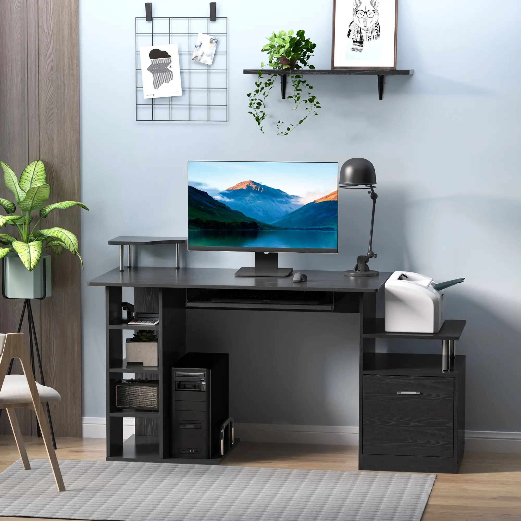 Wood Computer Desk with Storage Shelf, Black - Image 2