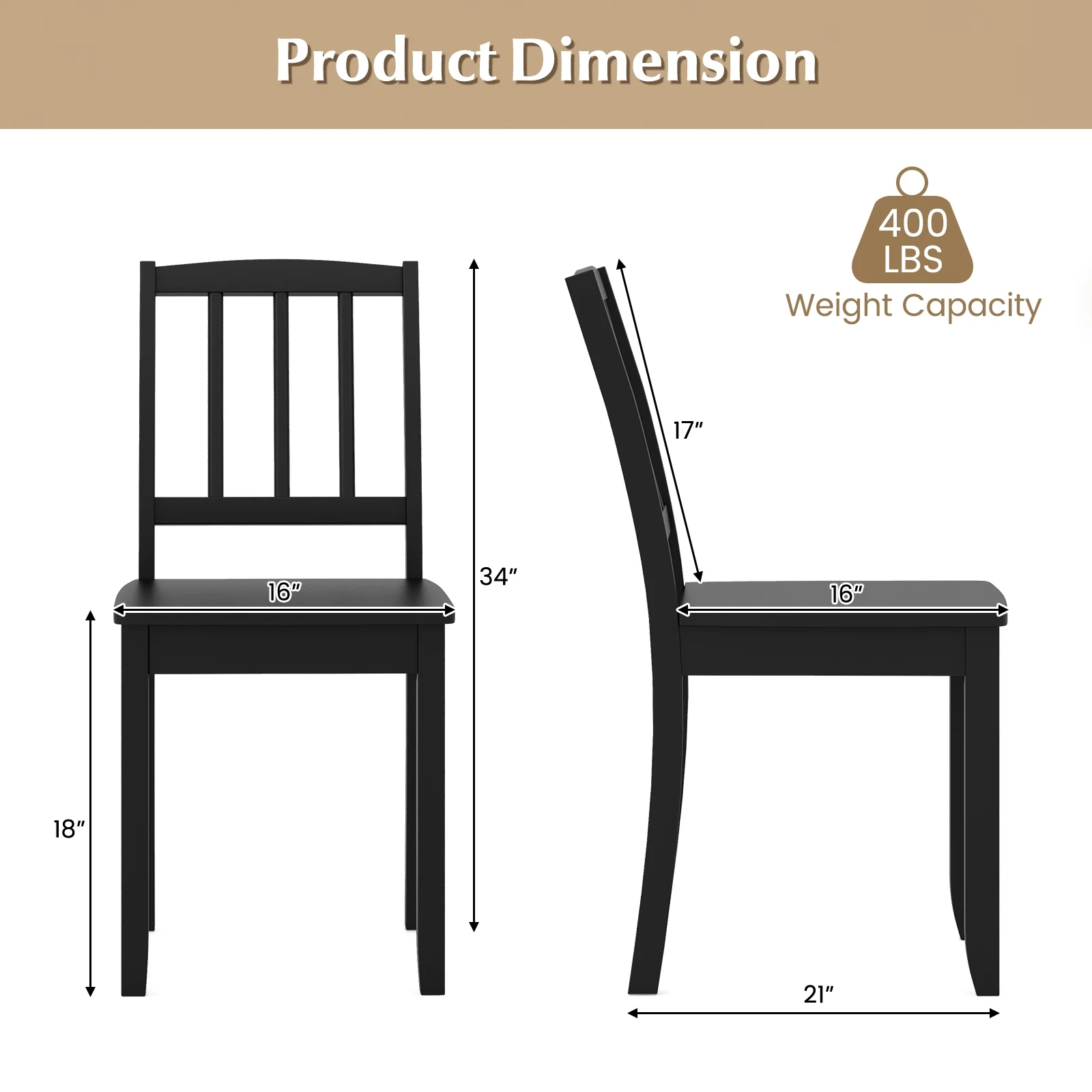 Wood Dining Chair Set, Rubber Wood Legs, 2-Piece, Black - Image 5