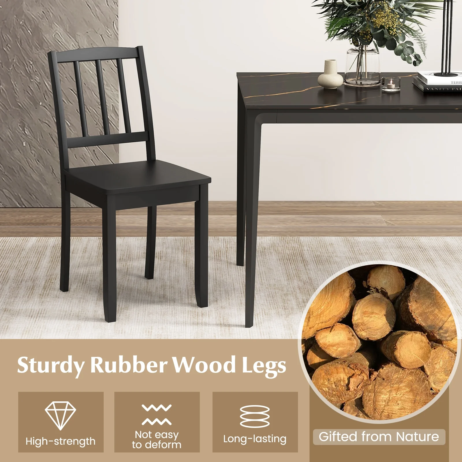Wood Dining Chair Set, Rubber Wood Legs, 2-Piece, Black - Image 7