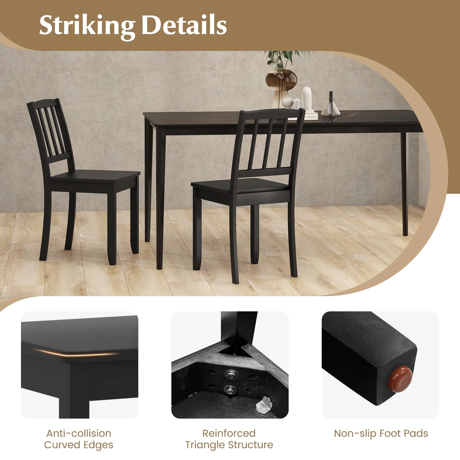 Wood Dining Chair Set, Rubber Wood Legs, 2-Piece, Black - Image 9
