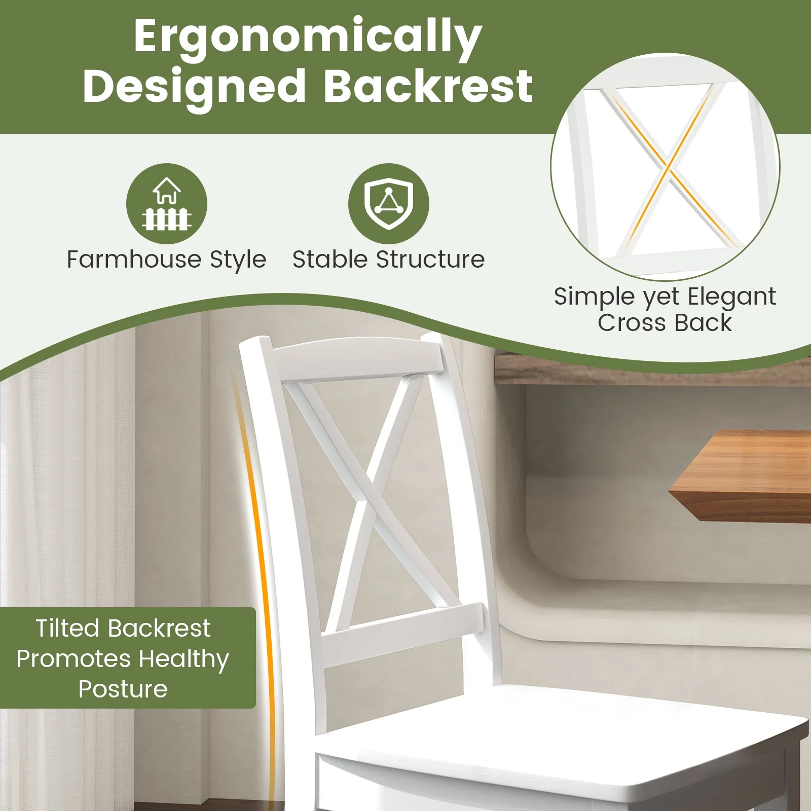 Wood Dining Chair Set, Rubber Wood Legs, Curved Backrest, White - Image 8