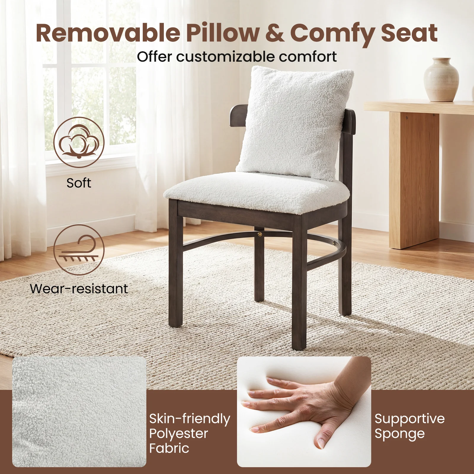 Wood Dining Chairs Set Of 2, Fabric Upholstered With Removable Pillow, Gray - Image 7