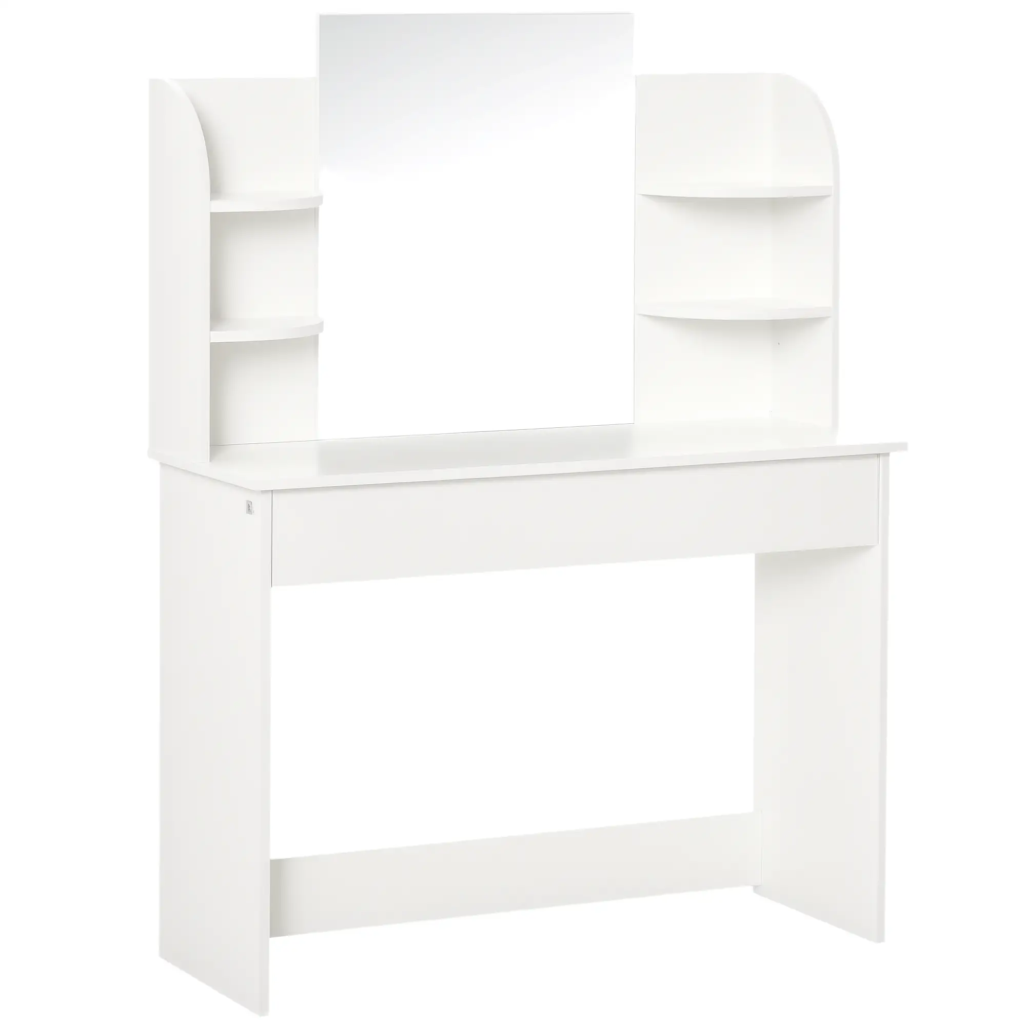Wood Dressing Table With Makeup Mirror, Big Drawers, Open Shelf, White