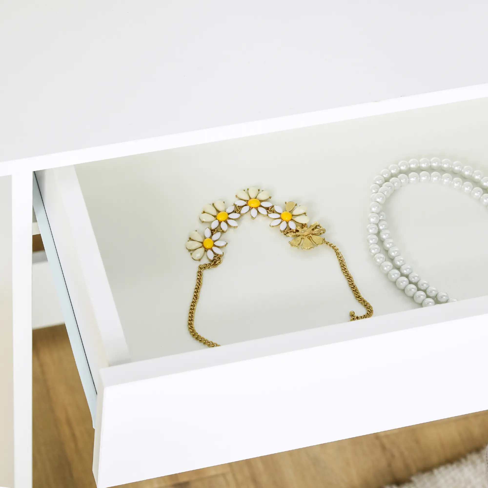 Wood Dressing Table With Makeup Mirror, Big Drawers, Open Shelf, White - Image 10