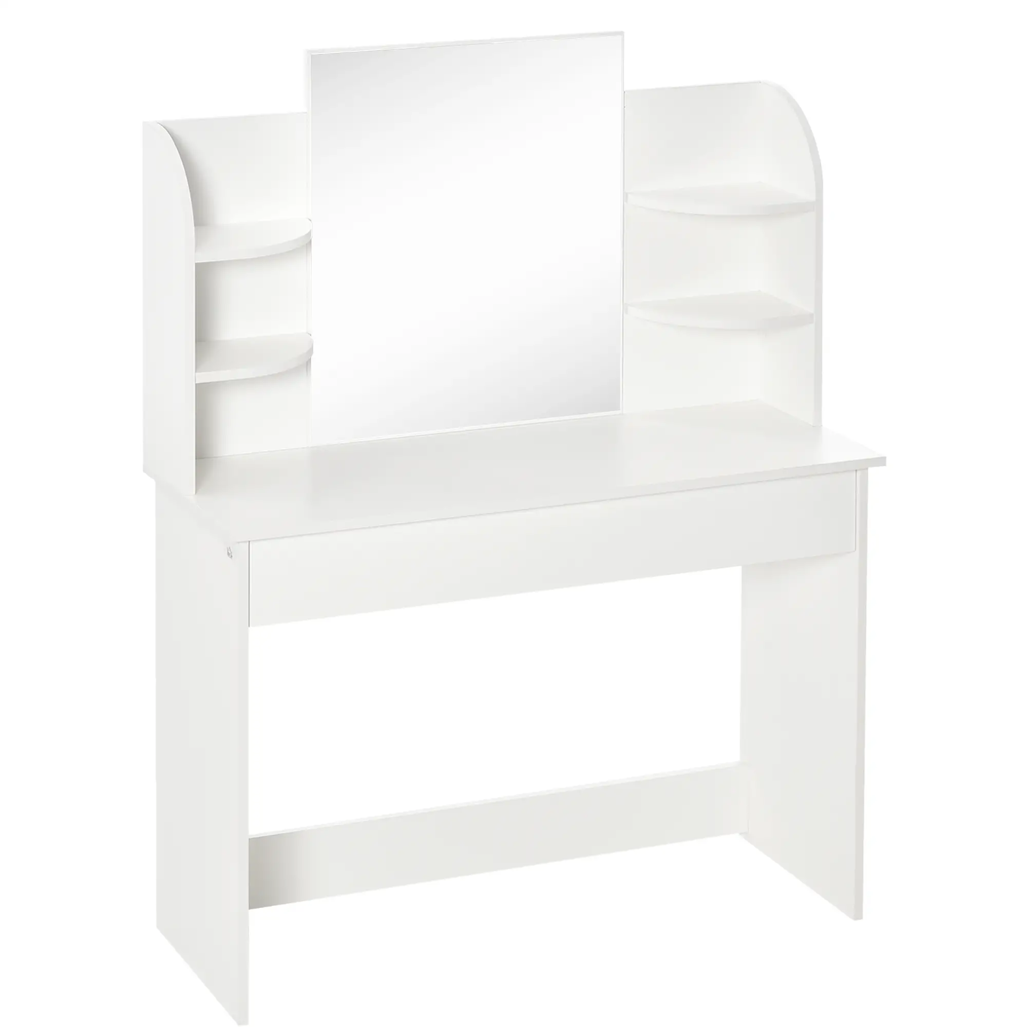 Wood Dressing Table With Makeup Mirror, Big Drawers, Open Shelf, White - Image 11