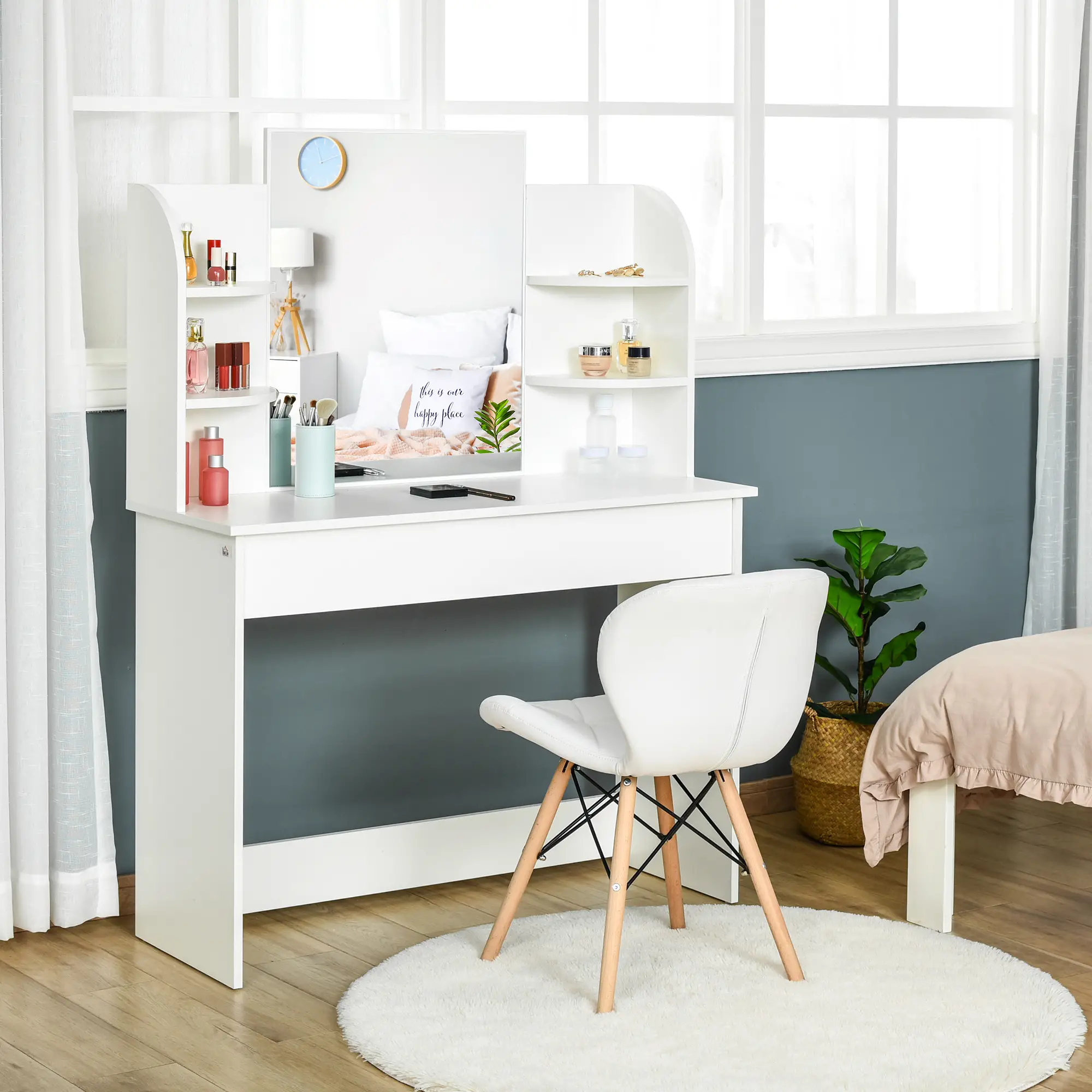 Wood Dressing Table With Makeup Mirror, Big Drawers, Open Shelf, White - Image 2
