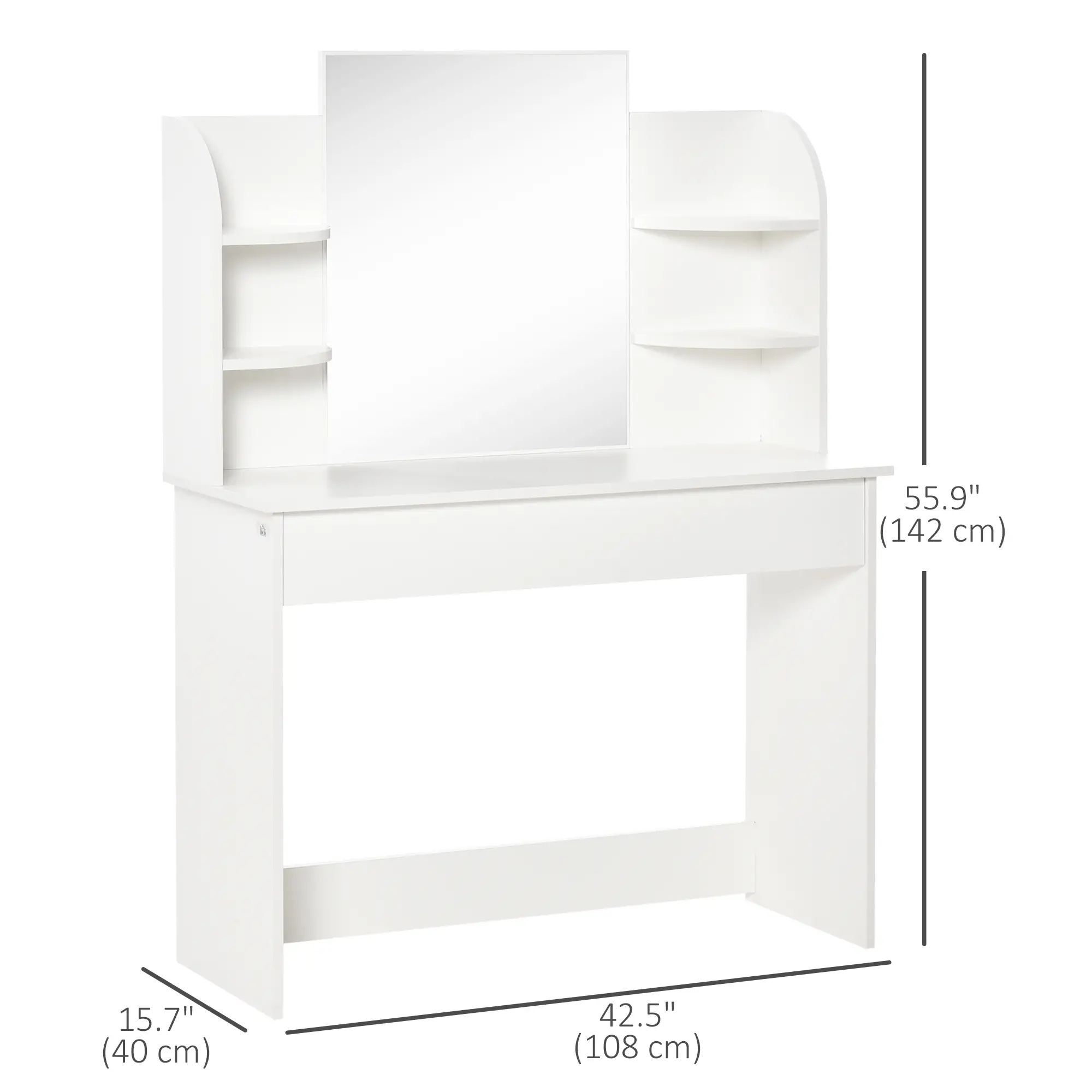 Wood Dressing Table With Makeup Mirror, Big Drawers, Open Shelf, White - Image 3