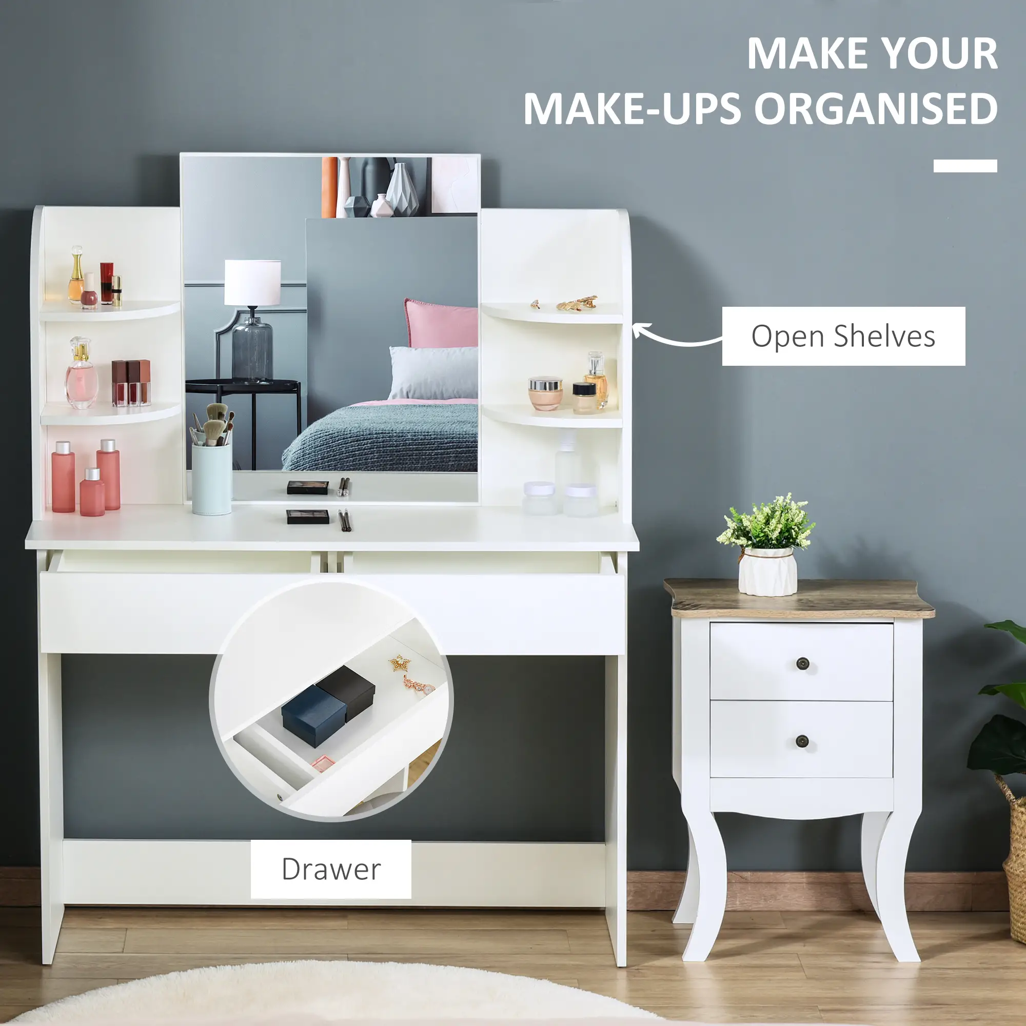 Wood Dressing Table With Makeup Mirror, Big Drawers, Open Shelf, White - Image 4