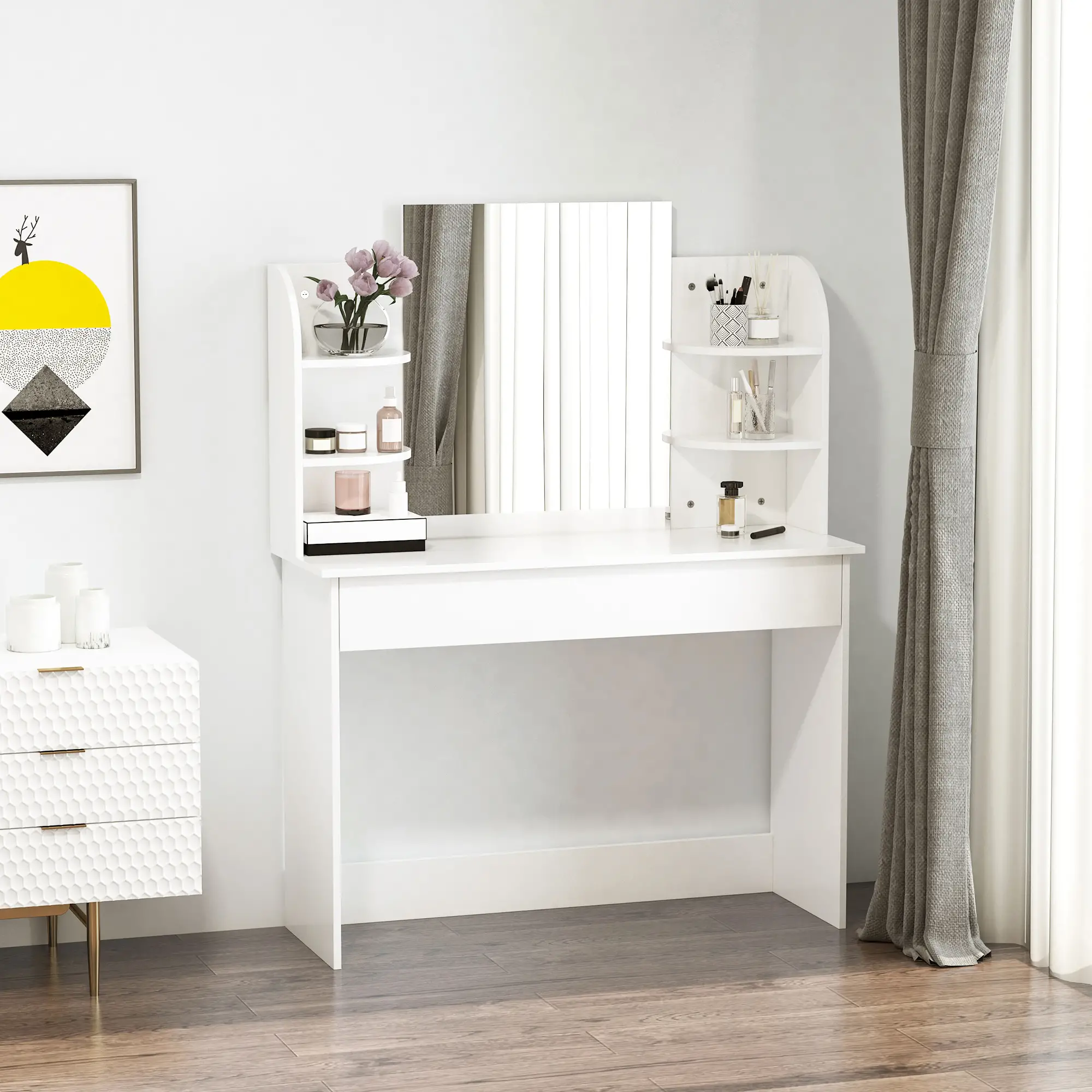 Wood Dressing Table With Makeup Mirror, Big Drawers, Open Shelf, White - Image 6