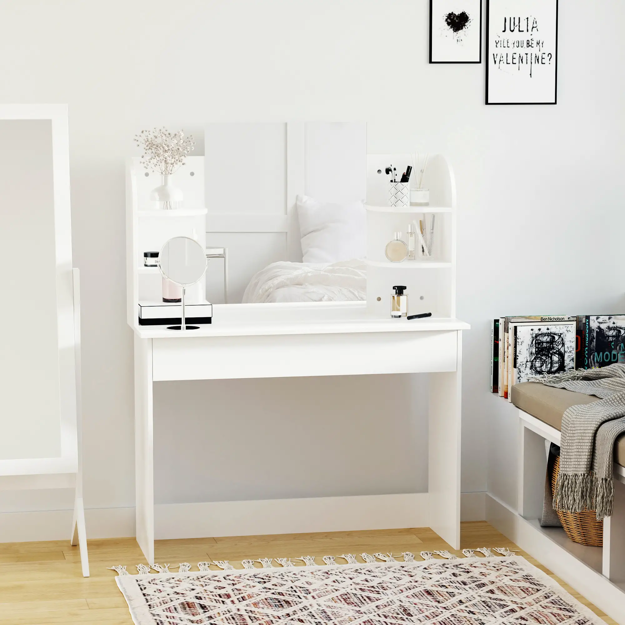 Wood Dressing Table With Makeup Mirror, Big Drawers, Open Shelf, White - Image 7