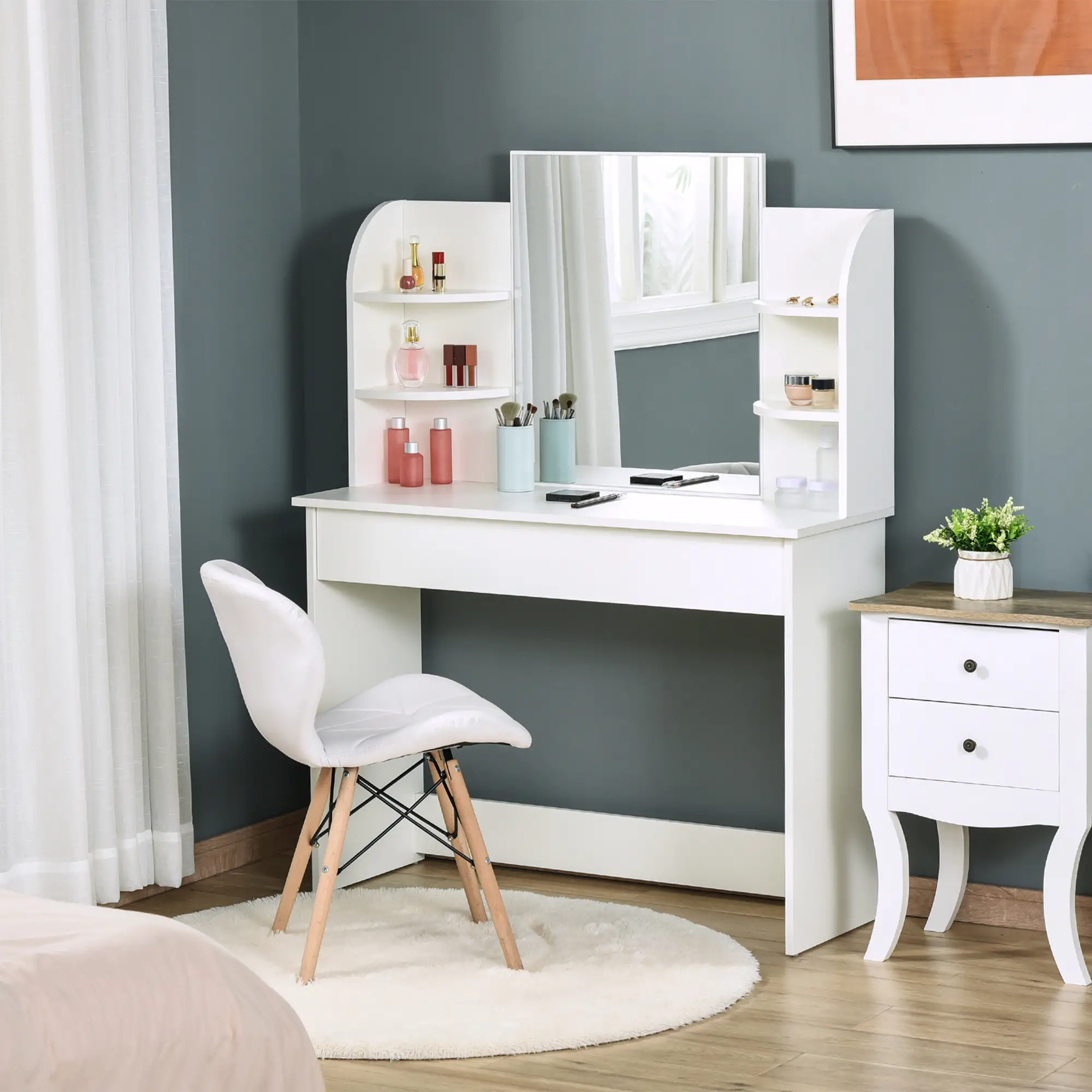 Wood Dressing Table With Makeup Mirror, Big Drawers, Open Shelf, White - Image 8