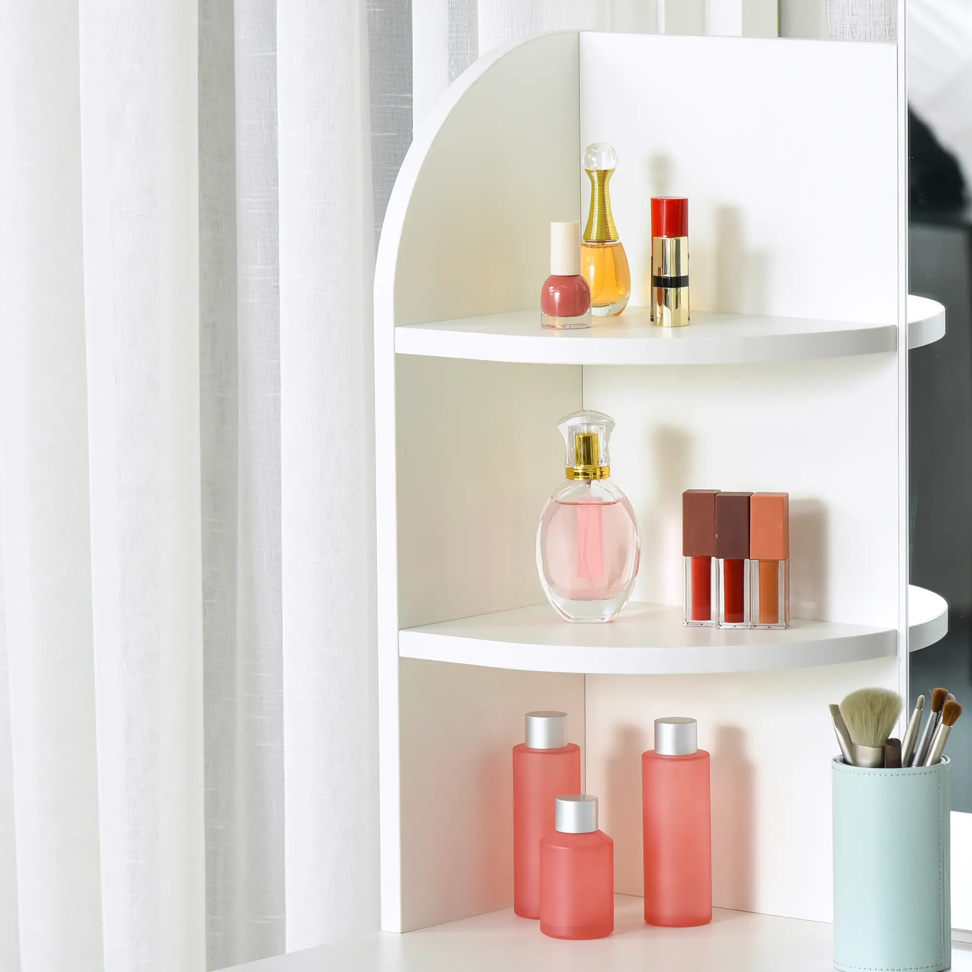Wood Dressing Table With Makeup Mirror, Big Drawers, Open Shelf, White - Image 9