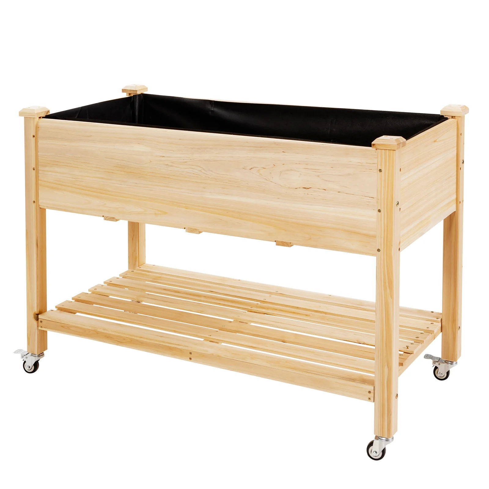 Wood Elevated Planter Bed With Lockable Wheels, Shelf, Liner, Natural