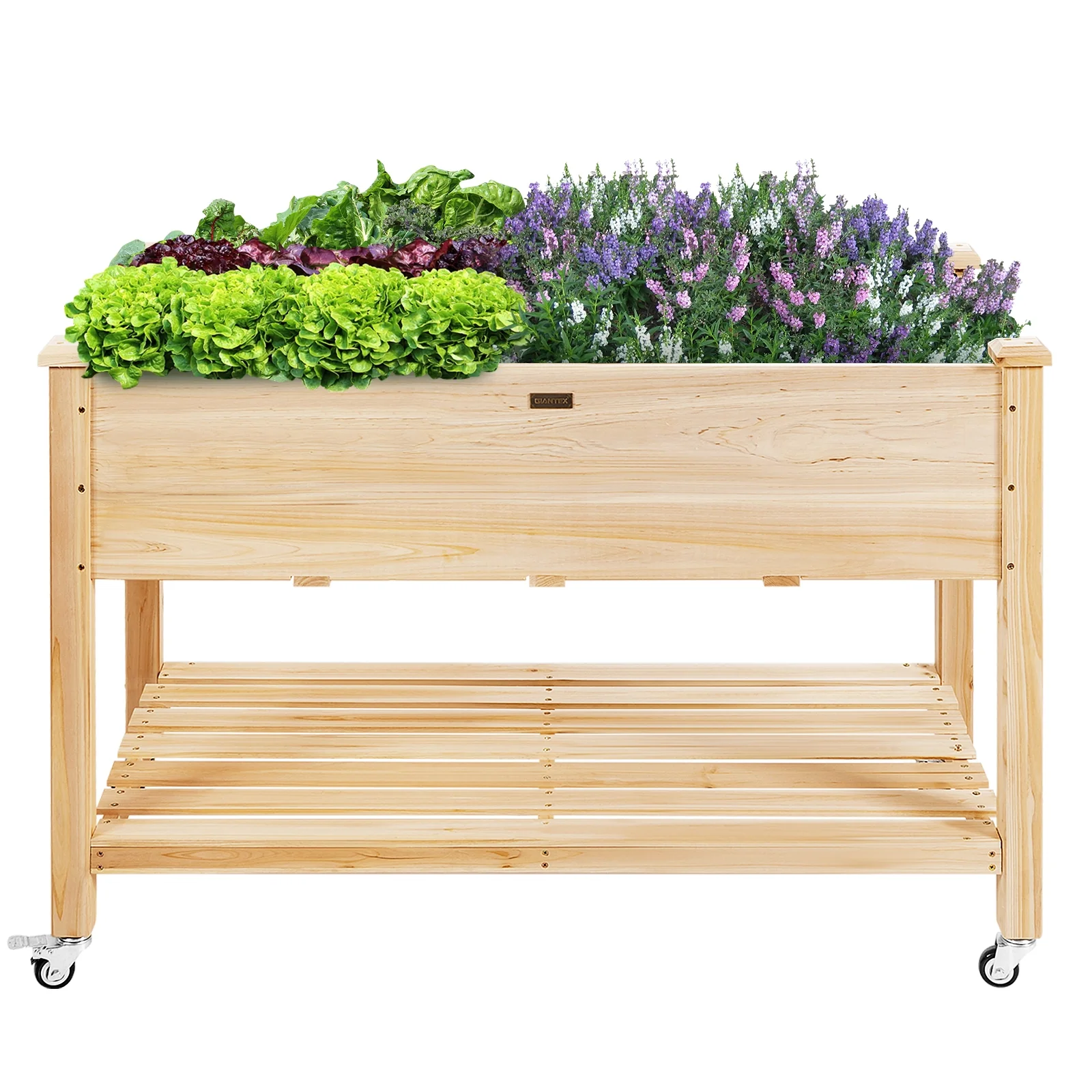 Wood Elevated Planter Bed With Lockable Wheels, Shelf, Liner, Natural - Image 10