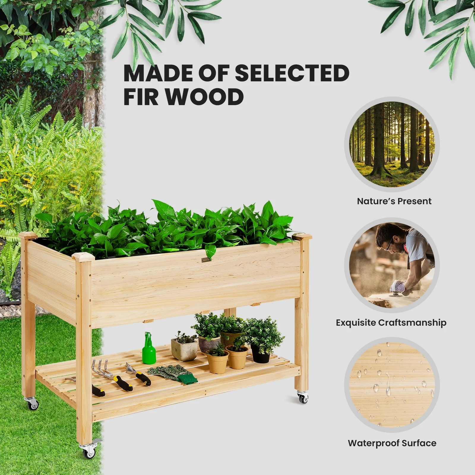 Wood Elevated Planter Bed With Lockable Wheels, Shelf, Liner, Natural - Image 3
