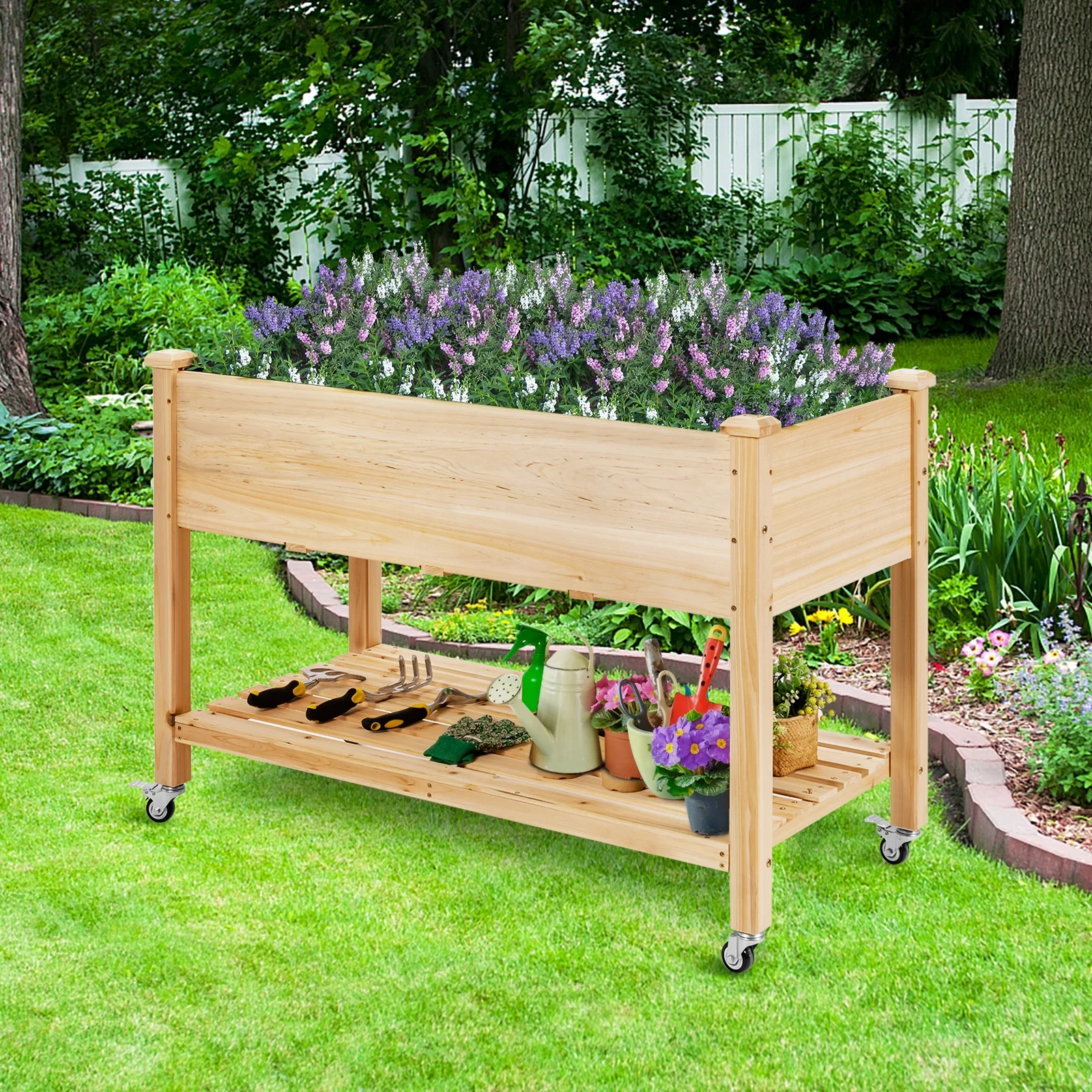 Wood Elevated Planter Bed With Lockable Wheels, Shelf, Liner, Natural - Image 9
