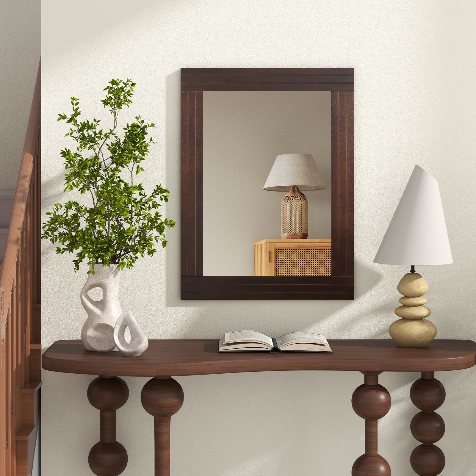 Wood Framed Wall Mirror, For Bedroom Living Room, Brown - Image 2