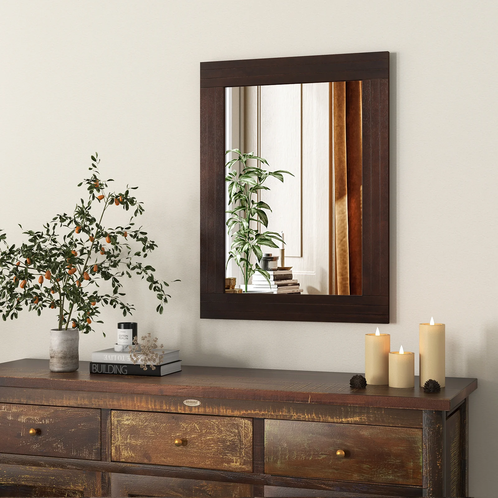 Wood Framed Wall Mirror, For Bedroom Living Room, Brown - Image 3