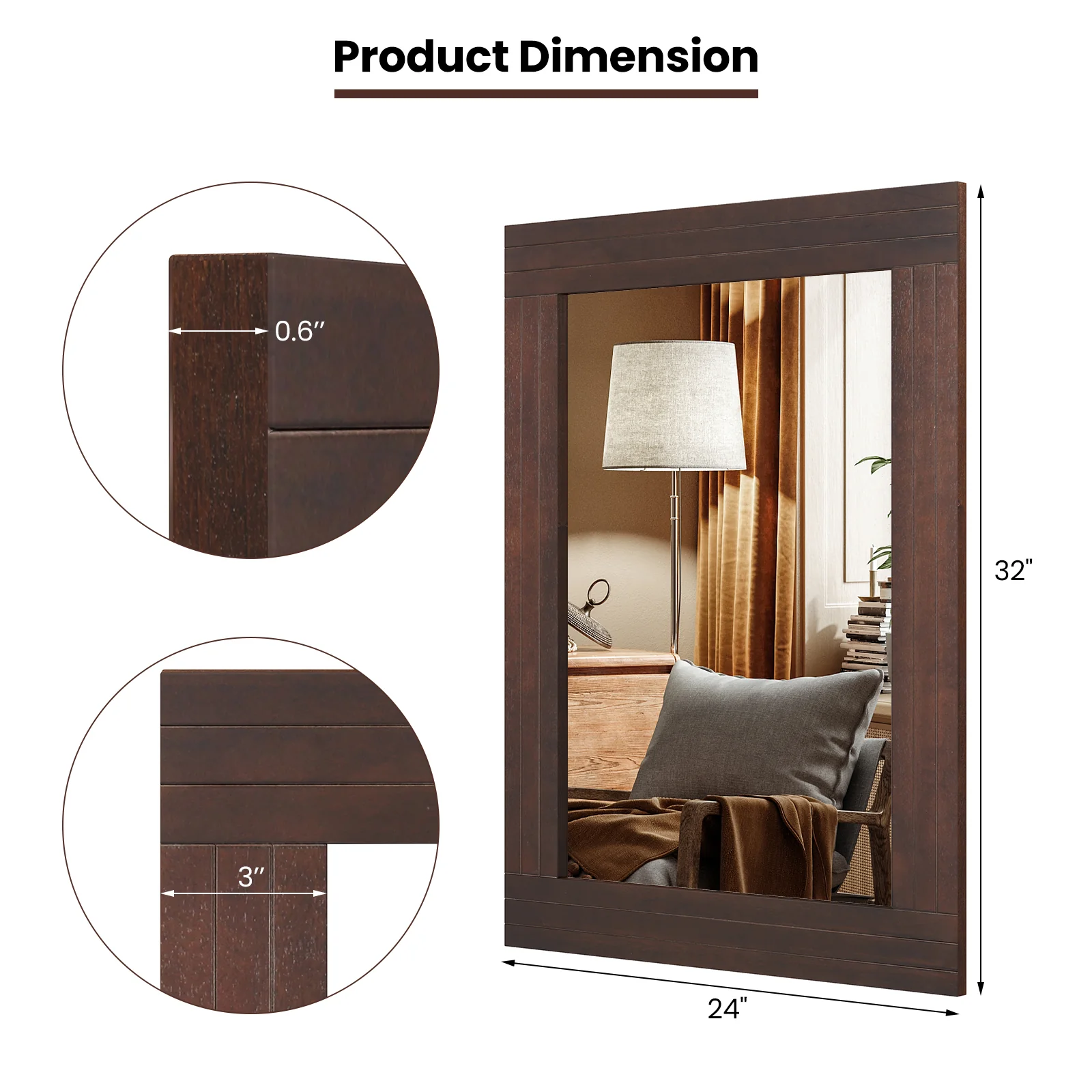 Wood Framed Wall Mirror, For Bedroom Living Room, Brown - Image 5