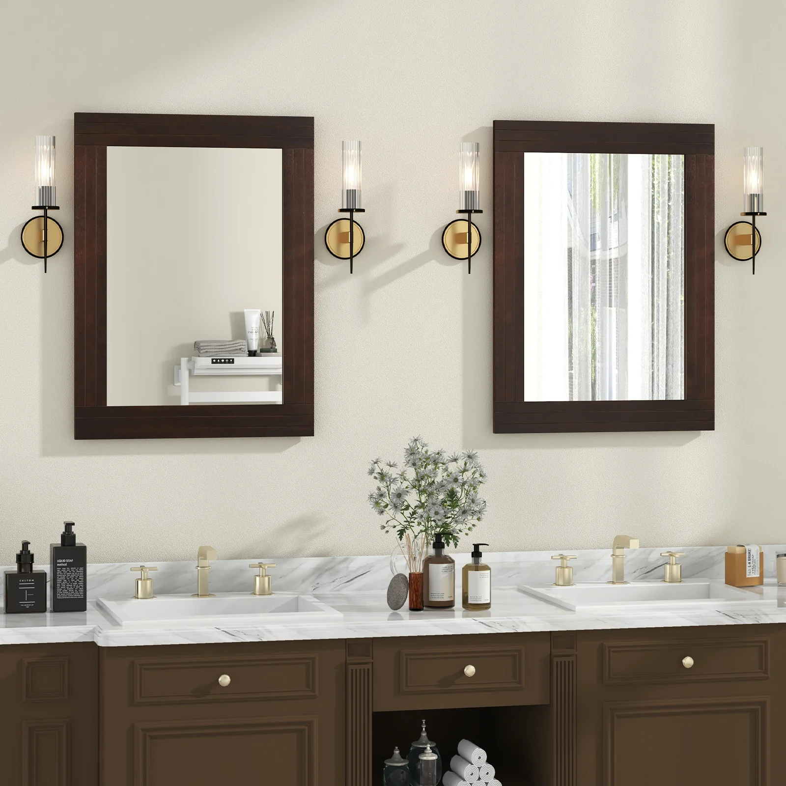 Wood Framed Wall Mirror, For Bedroom Living Room, Brown - Image 6