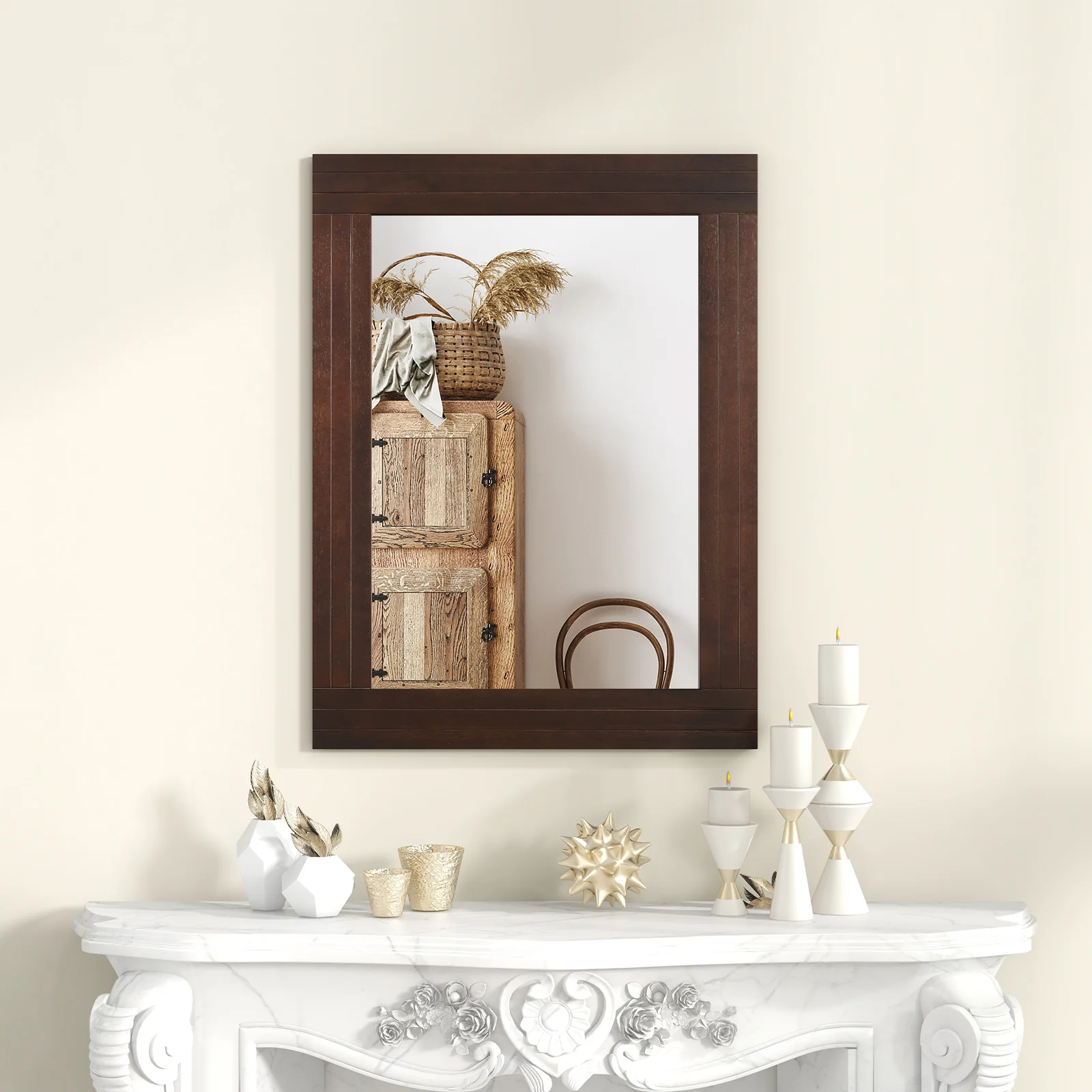 Wood Framed Wall Mirror, For Bedroom Living Room, Brown - Image 7