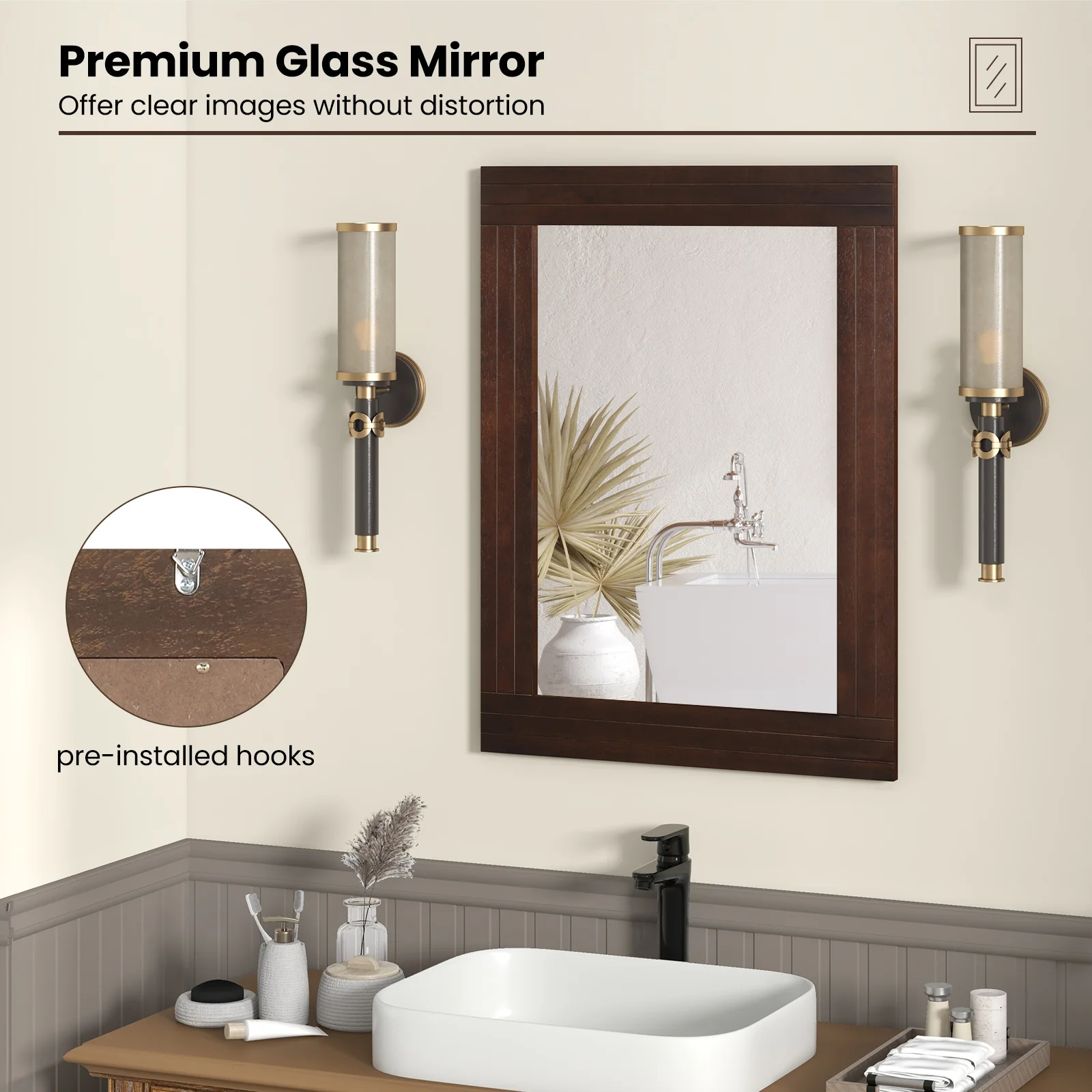 Wood Framed Wall Mirror, For Bedroom Living Room, Brown - Image 8