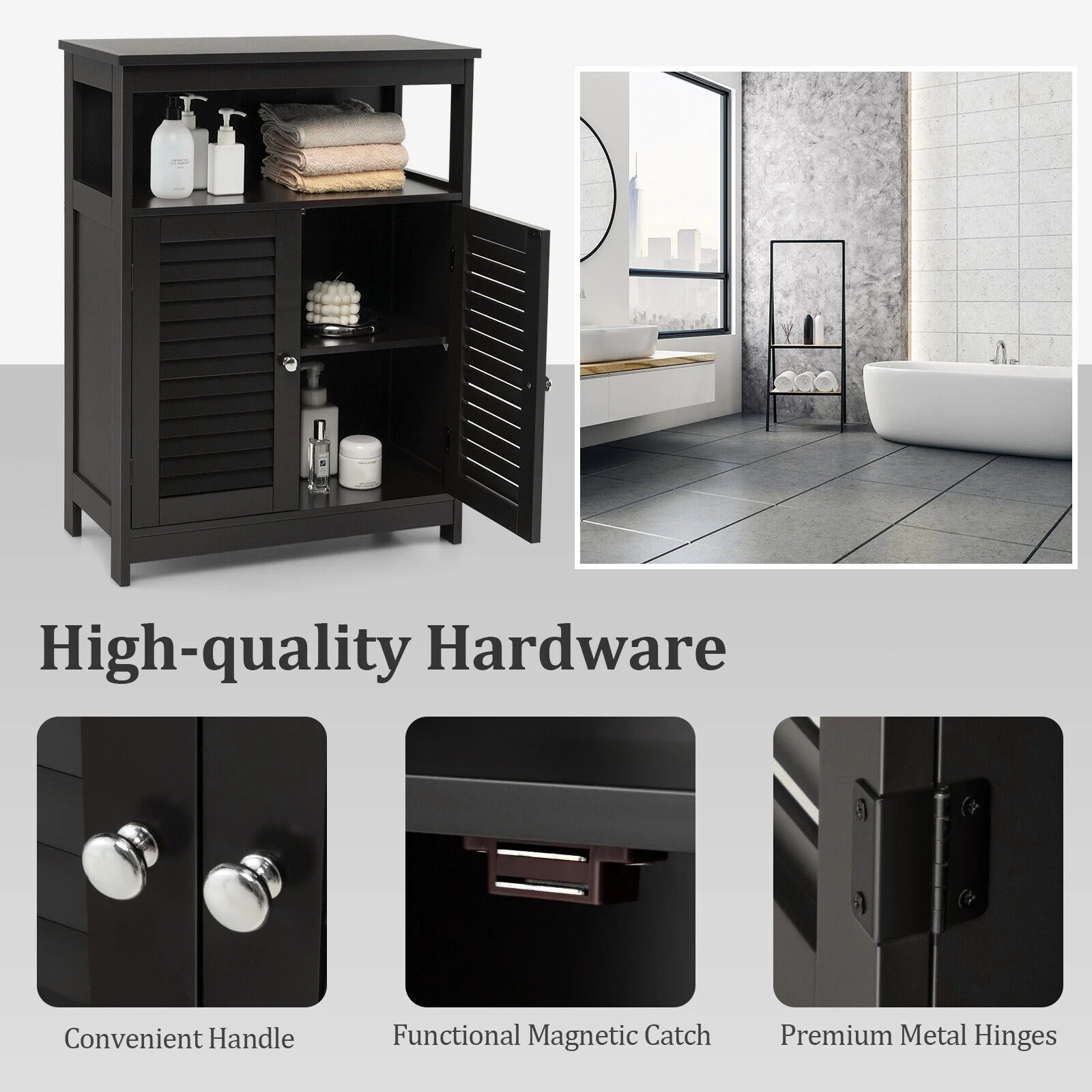 Wood Freestanding Bathroom Storage Cabinet, Double Shutter Door, Black - Image 10