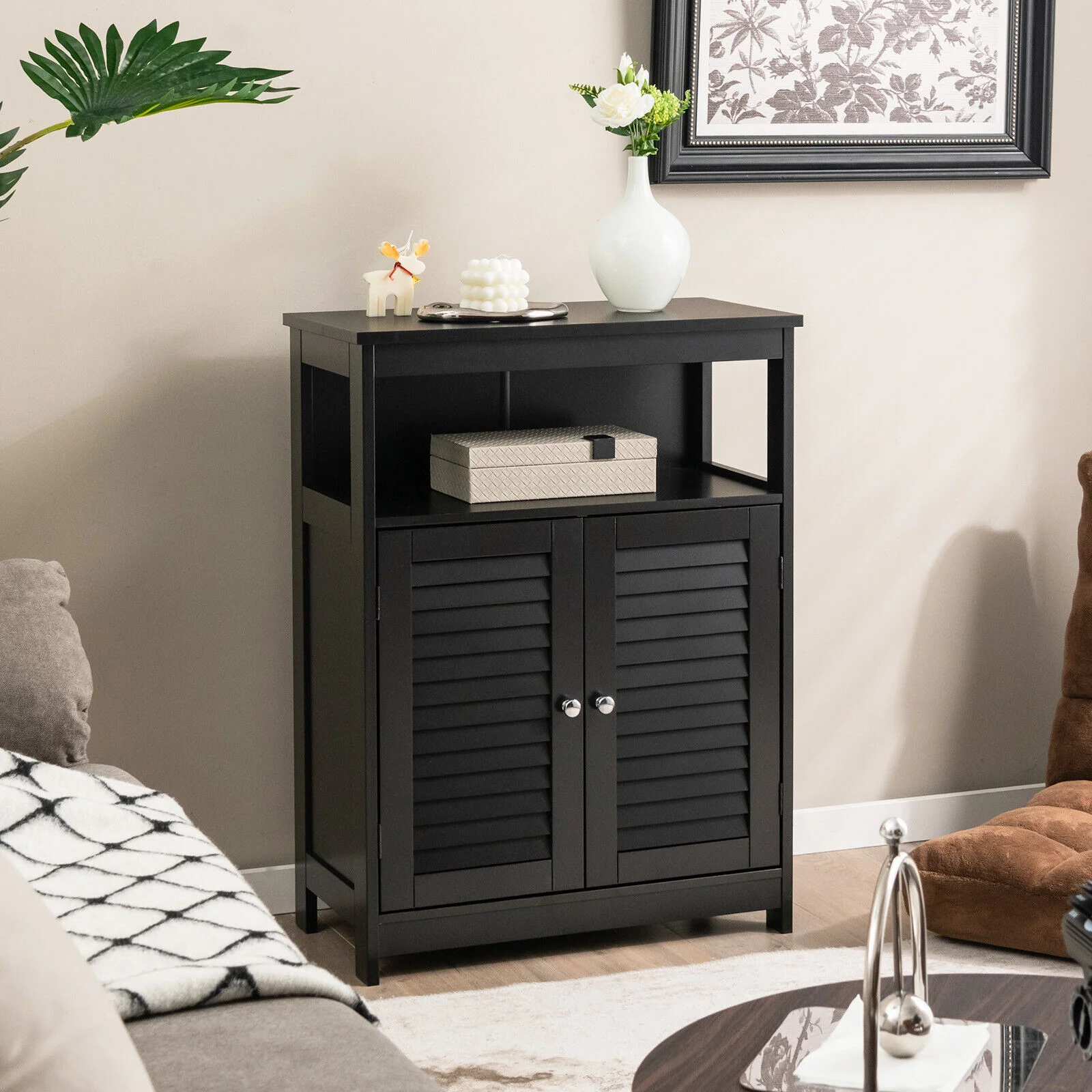 Wood Freestanding Bathroom Storage Cabinet, Double Shutter Door, Black - Image 2