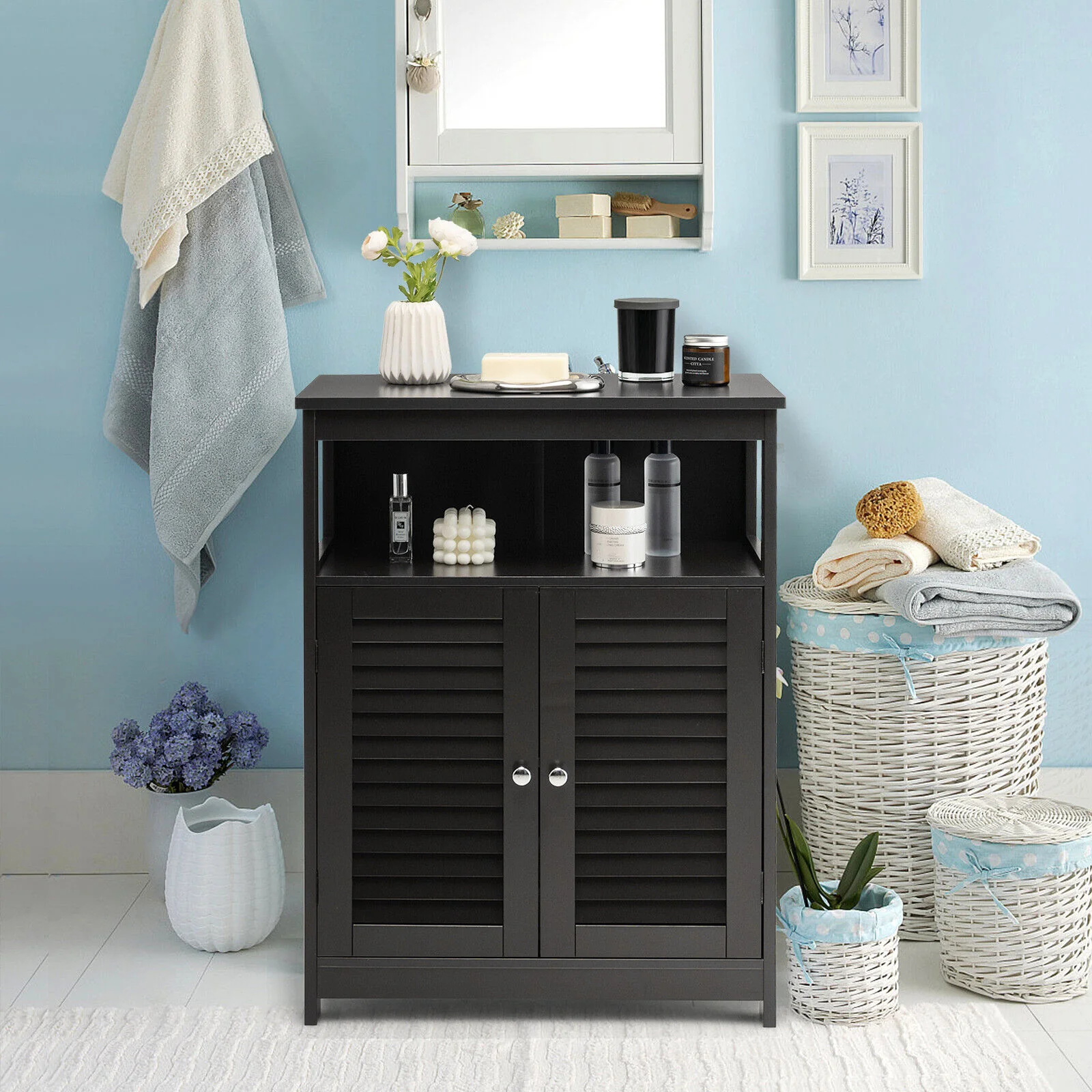 Wood Freestanding Bathroom Storage Cabinet, Double Shutter Door, Black - Image 3