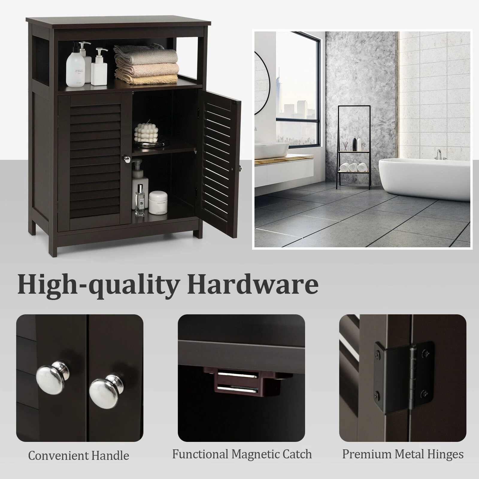 Wood Freestanding Bathroom Storage Cabinet, Double Shutter Door, Brown - Image 10