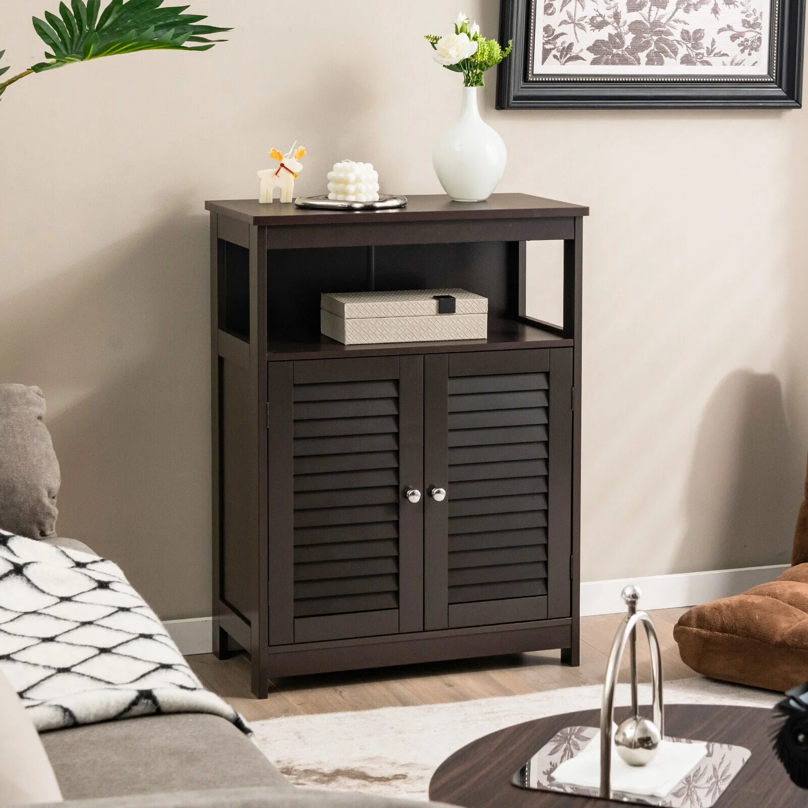 Wood Freestanding Bathroom Storage Cabinet, Double Shutter Door, Brown - Image 2