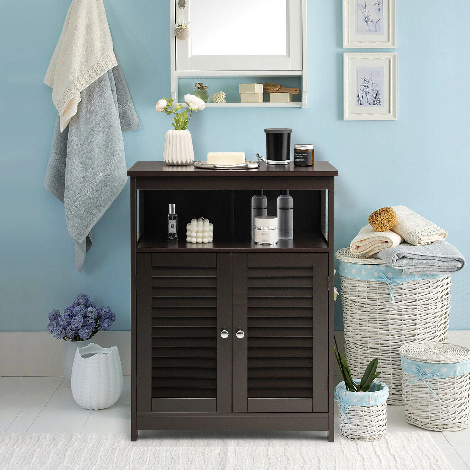Wood Freestanding Bathroom Storage Cabinet, Double Shutter Door, Brown - Image 3