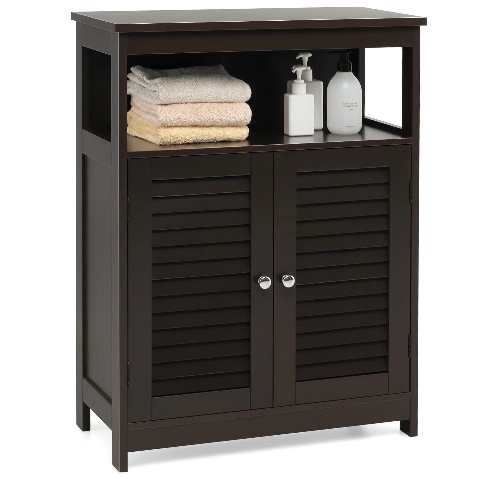 Wood Freestanding Bathroom Storage Cabinet, Double Shutter Door, Brown - Image 4