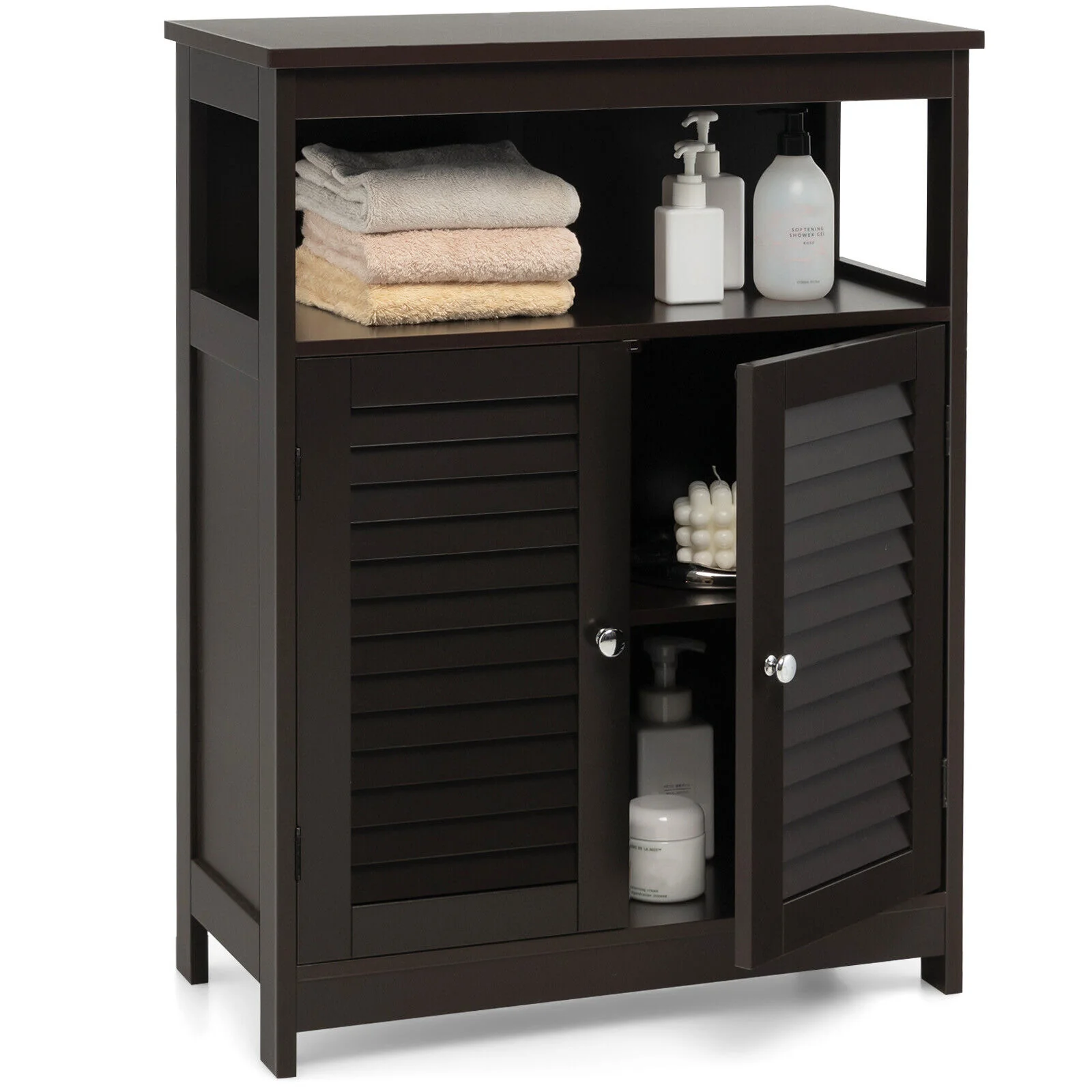 Wood Freestanding Bathroom Storage Cabinet, Double Shutter Door, Brown - Image 5
