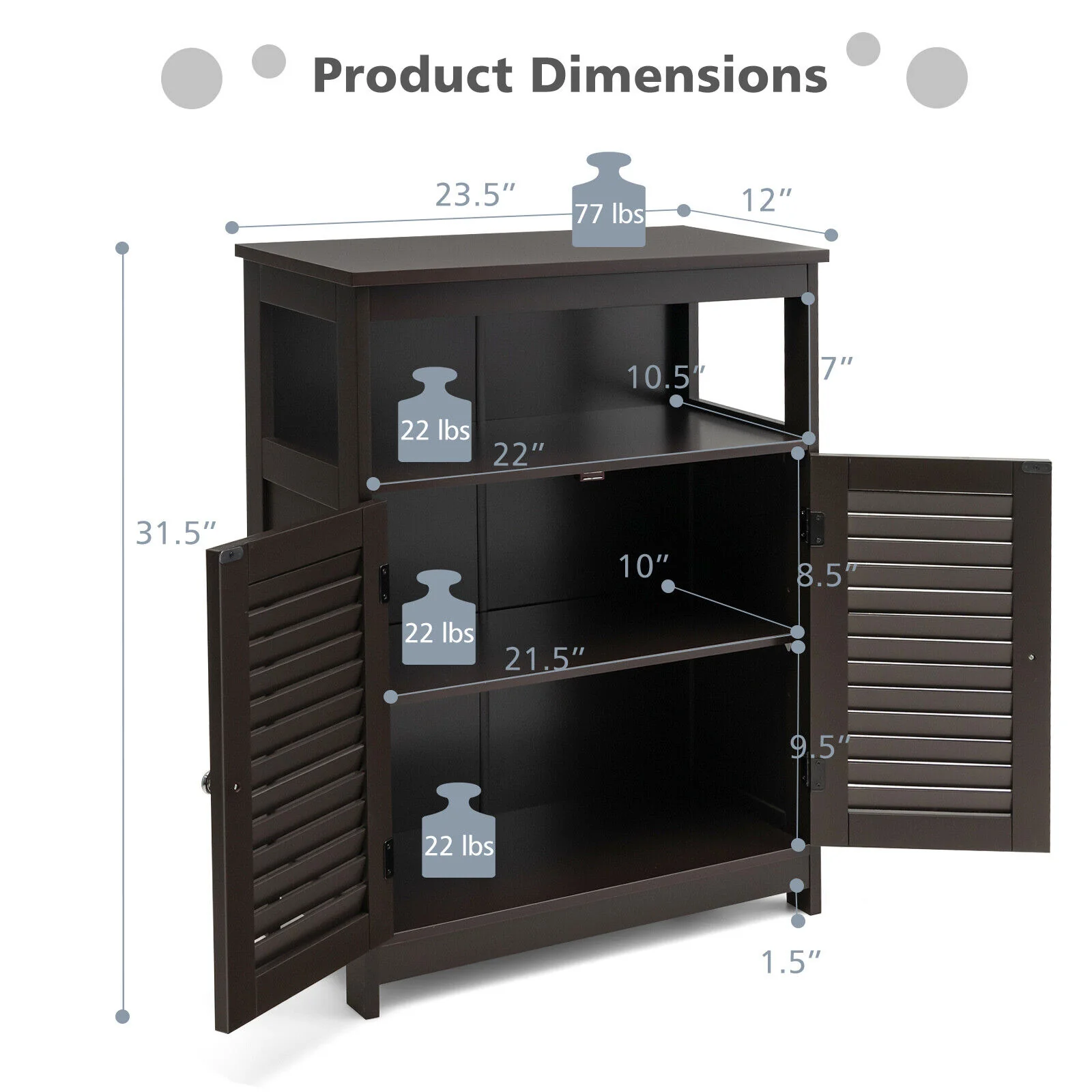 Wood Freestanding Bathroom Storage Cabinet, Double Shutter Door, Brown - Image 6