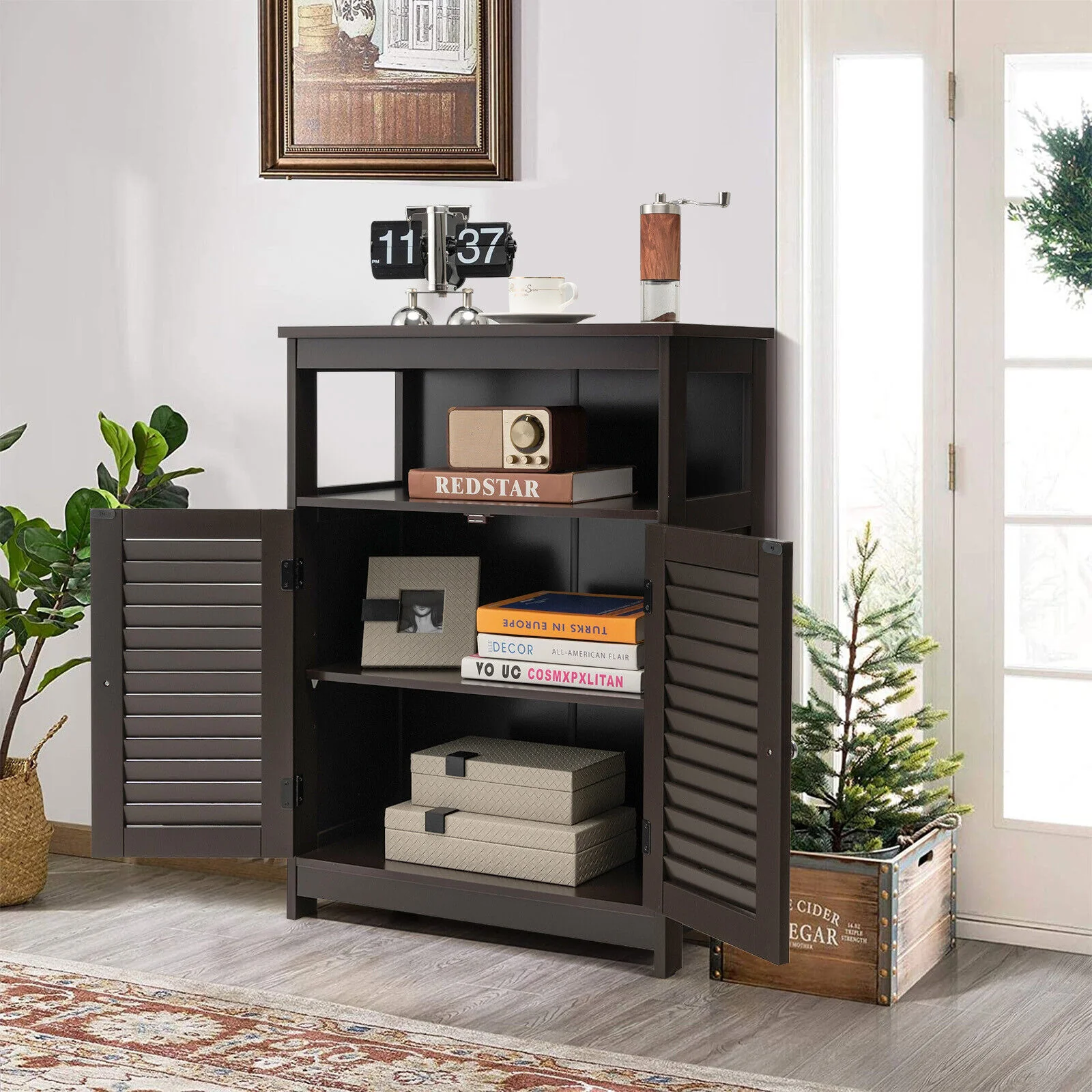 Wood Freestanding Bathroom Storage Cabinet, Double Shutter Door, Brown - Image 7