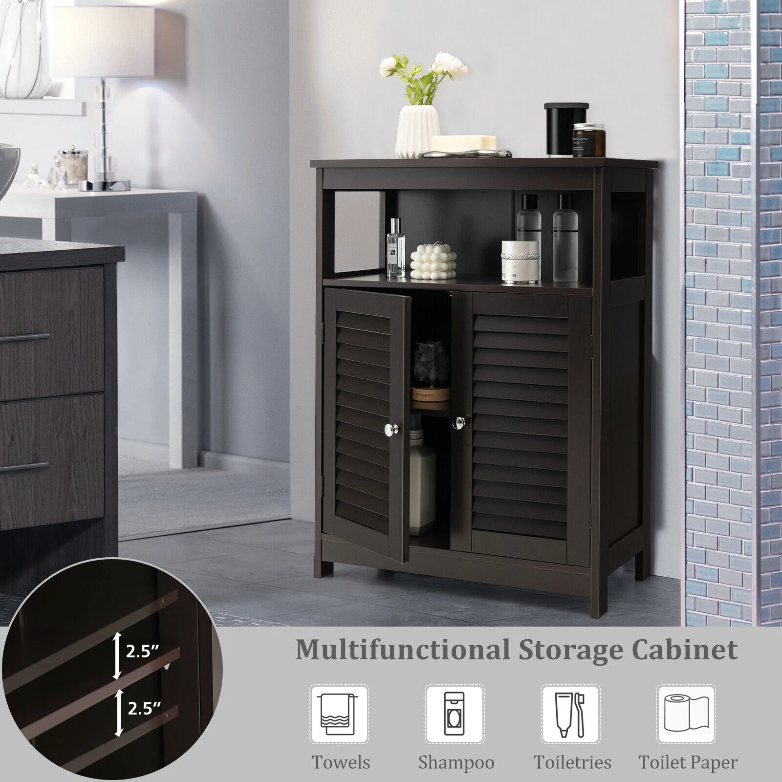 Wood Freestanding Bathroom Storage Cabinet, Double Shutter Door, Brown - Image 8