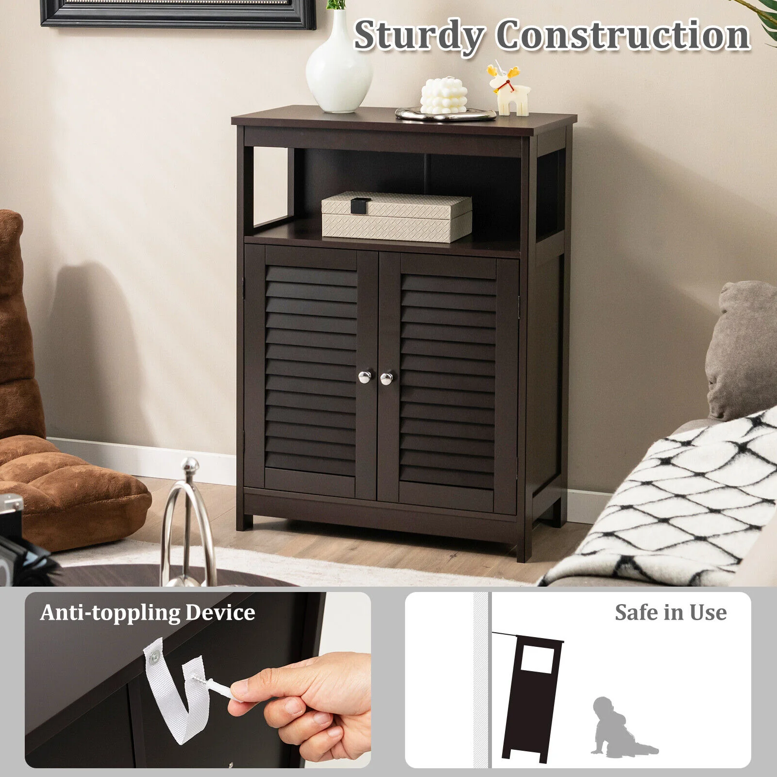 Wood Freestanding Bathroom Storage Cabinet, Double Shutter Door, Brown - Image 9