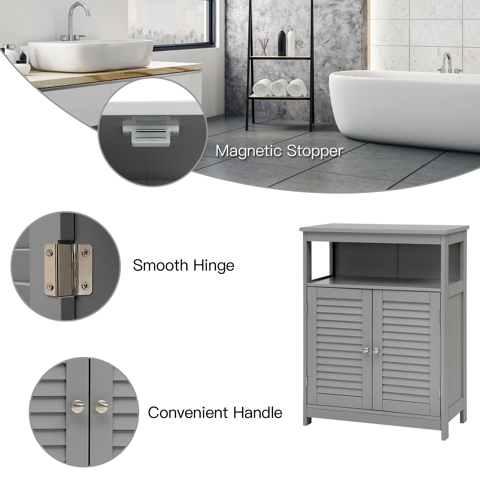 Wood Freestanding Bathroom Storage Cabinet with Double Shutter Door, Gray - Image 10