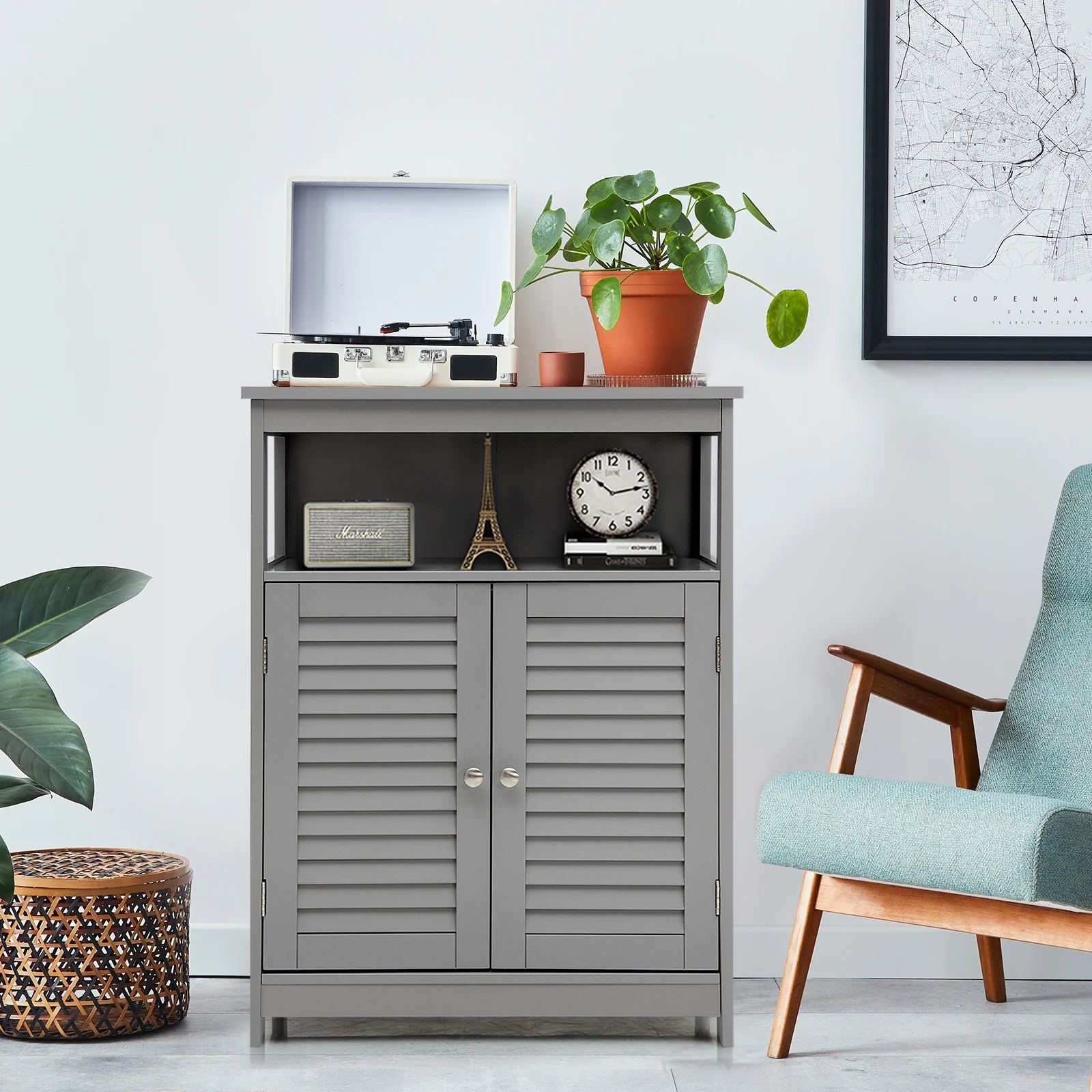 Wood Freestanding Bathroom Storage Cabinet with Double Shutter Door, Gray - Image 2
