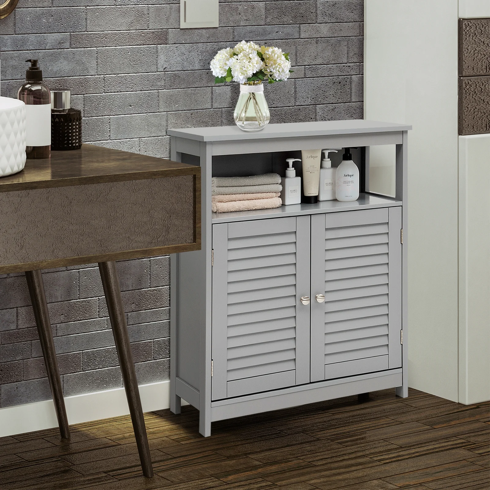 Wood Freestanding Bathroom Storage Cabinet with Double Shutter Door, Gray - Image 3