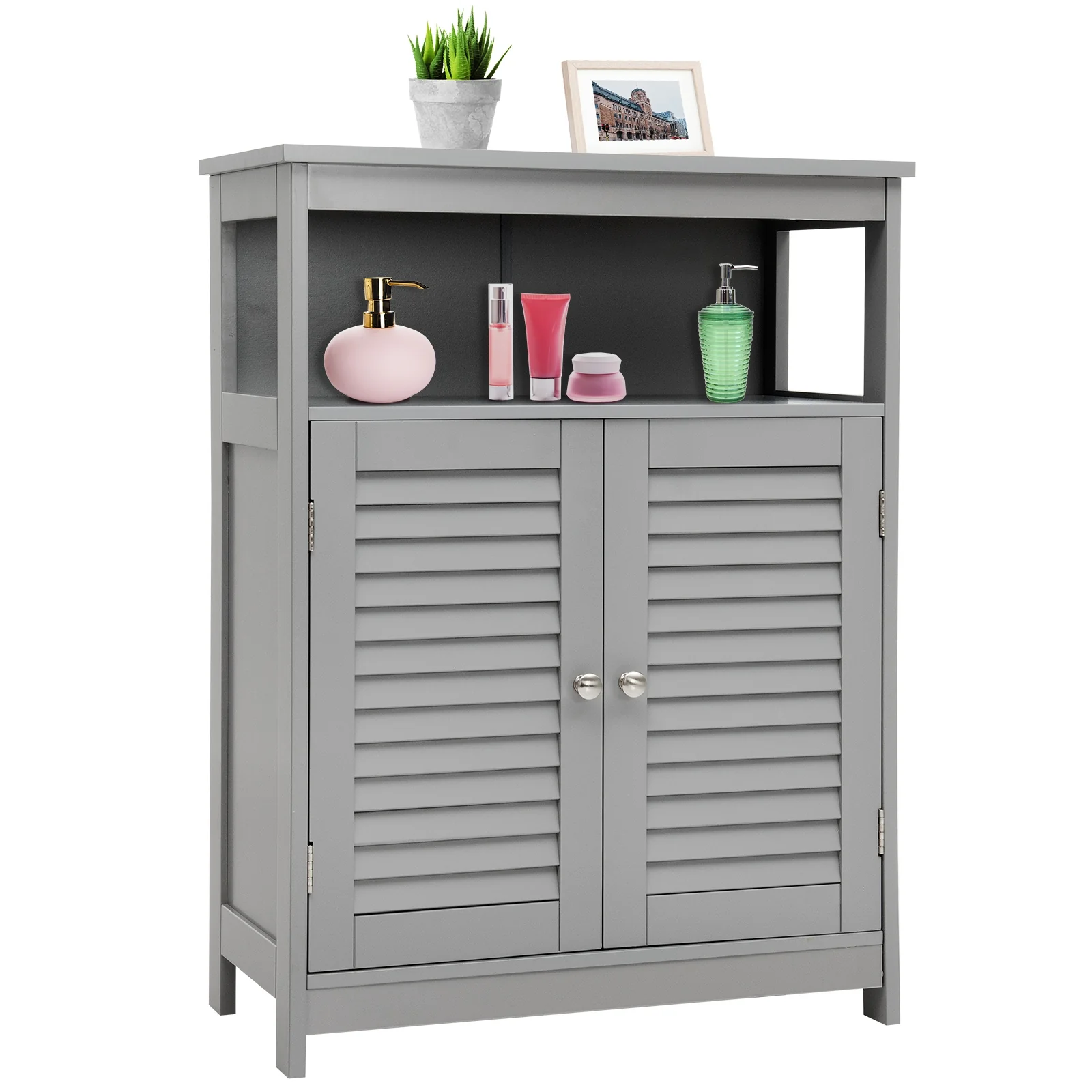 Wood Freestanding Bathroom Storage Cabinet with Double Shutter Door, Gray - Image 7