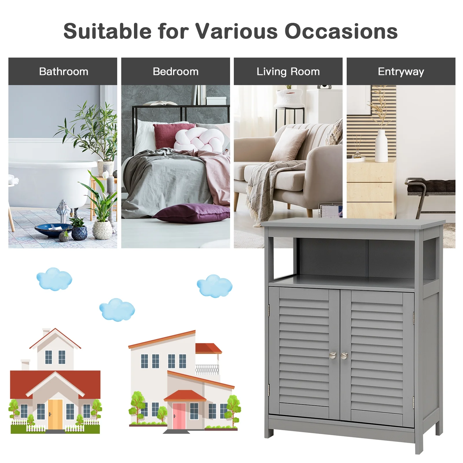 Wood Freestanding Bathroom Storage Cabinet with Double Shutter Door, Gray - Image 8