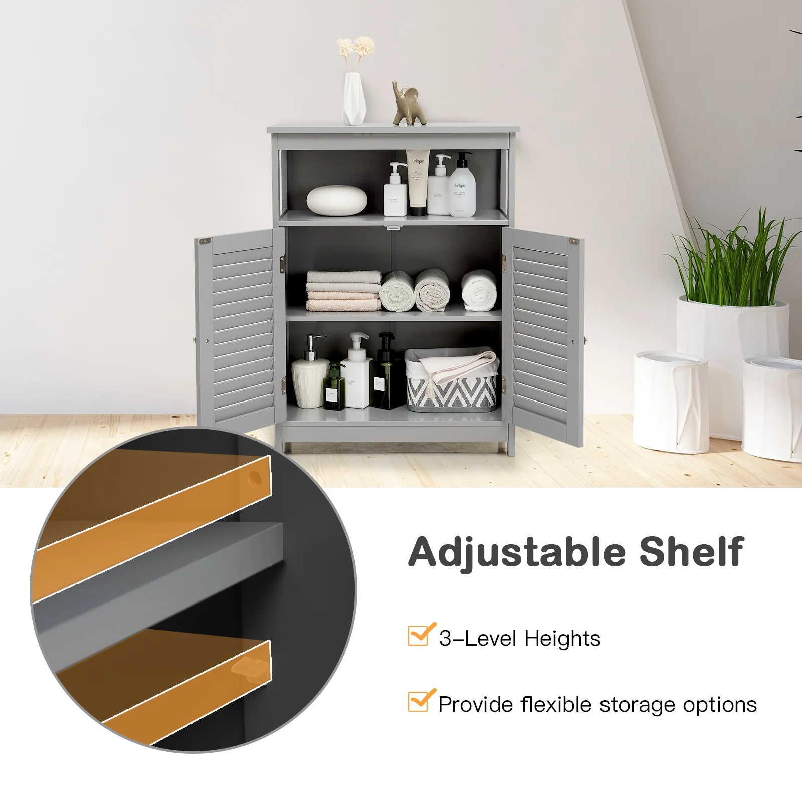 Wood Freestanding Bathroom Storage Cabinet with Double Shutter Door, Gray - Image 9