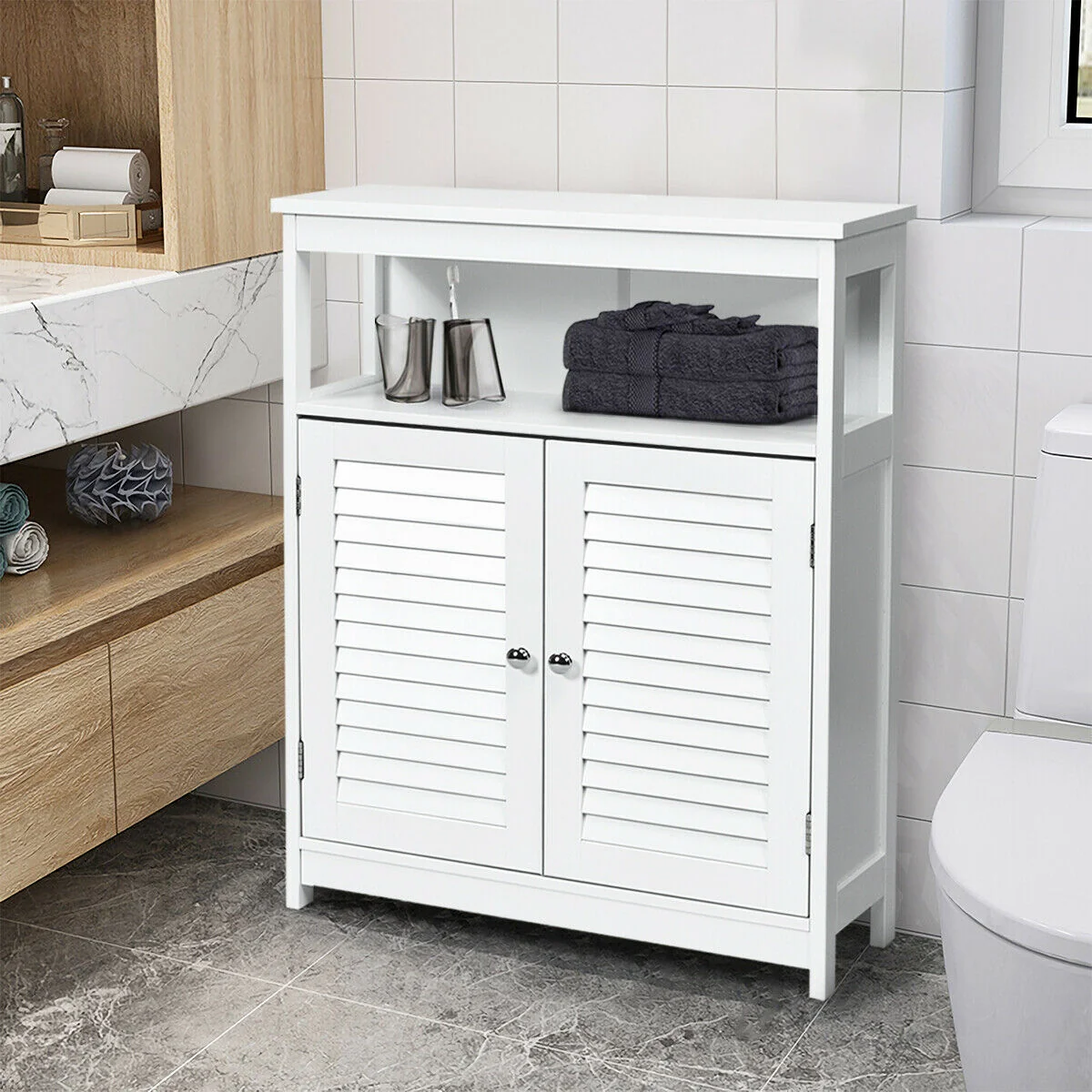 Wood Freestanding Bathroom Storage Cabinet, Double Shutter Door, White - Image 2